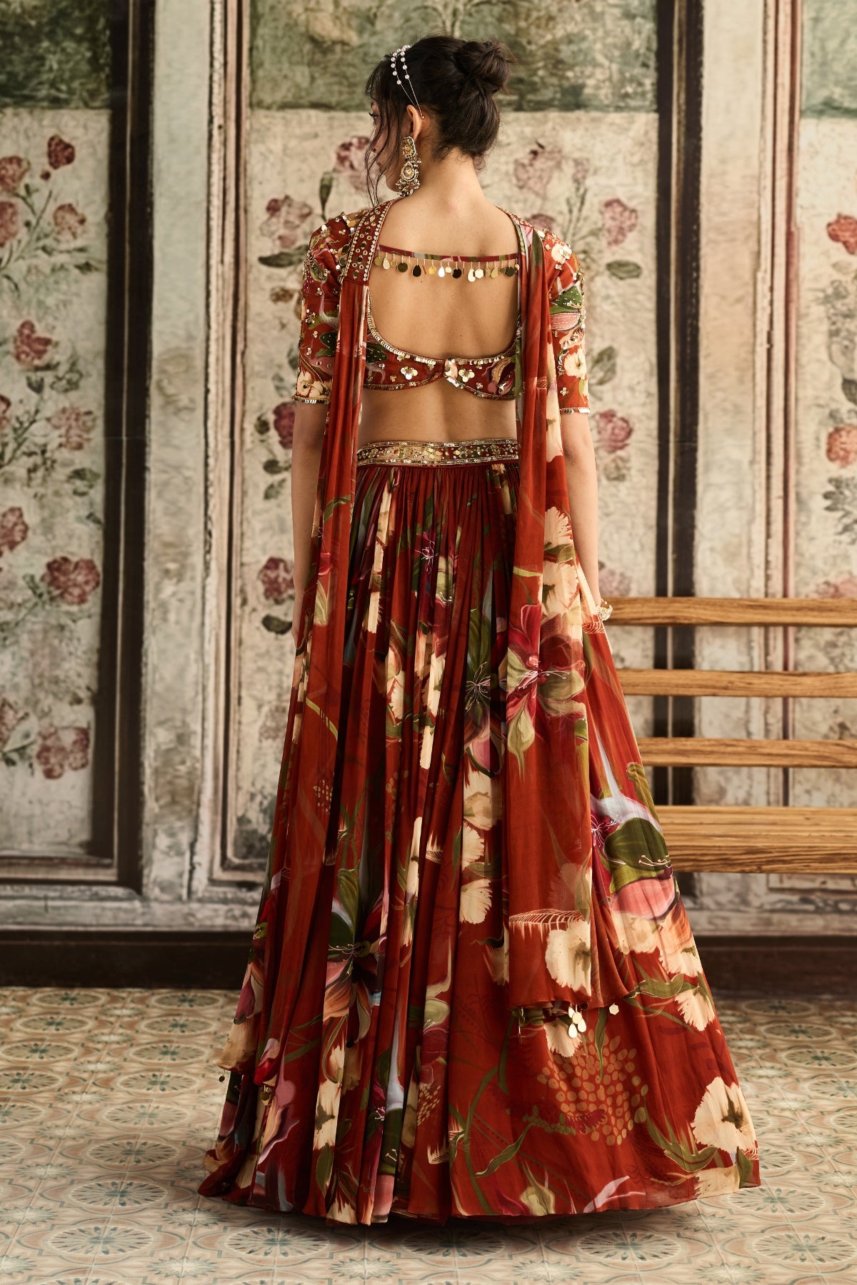 RUST FLORAL PRINTED LEHENGA SET