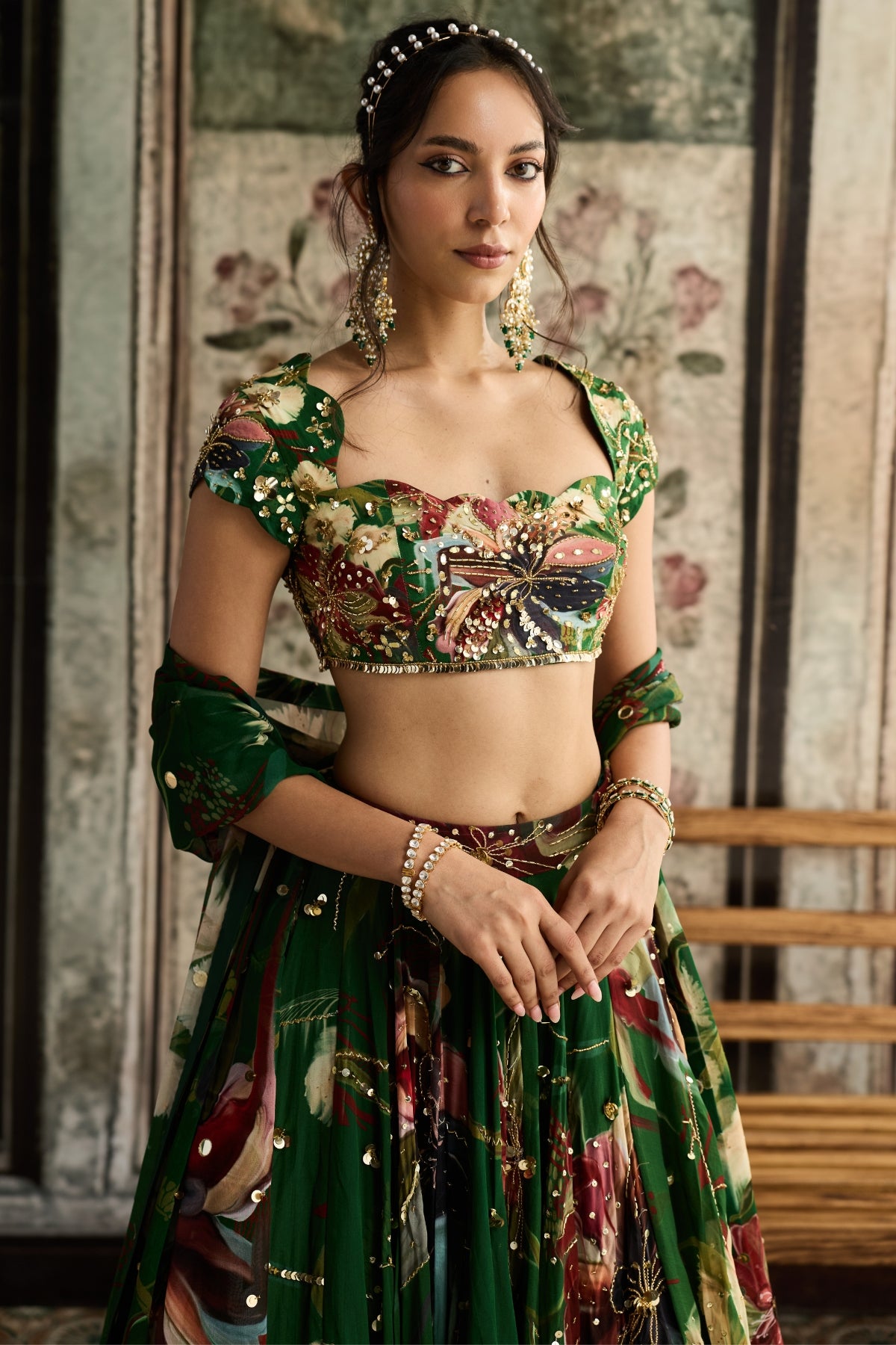 GREEN FLORAL PRINT AND HIGHLIGHTED LEHENGA SET