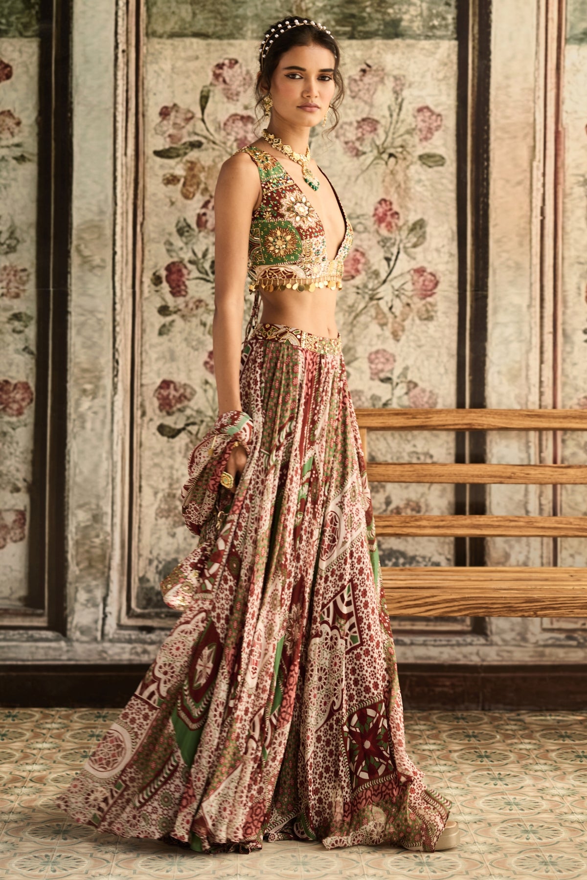 SAGE-MAROON PRINTED LEHENGA SET