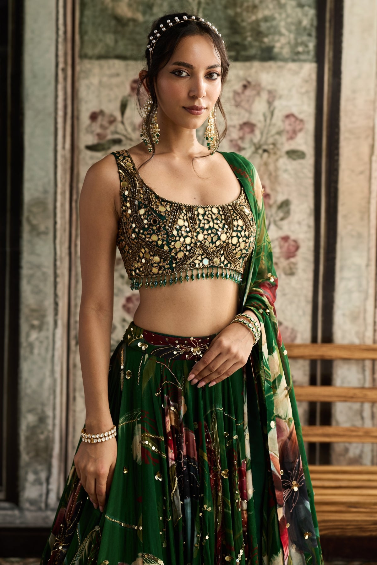 GREEN FLORAL PRINT AND HIGHLIGHTED LEHENGA SET