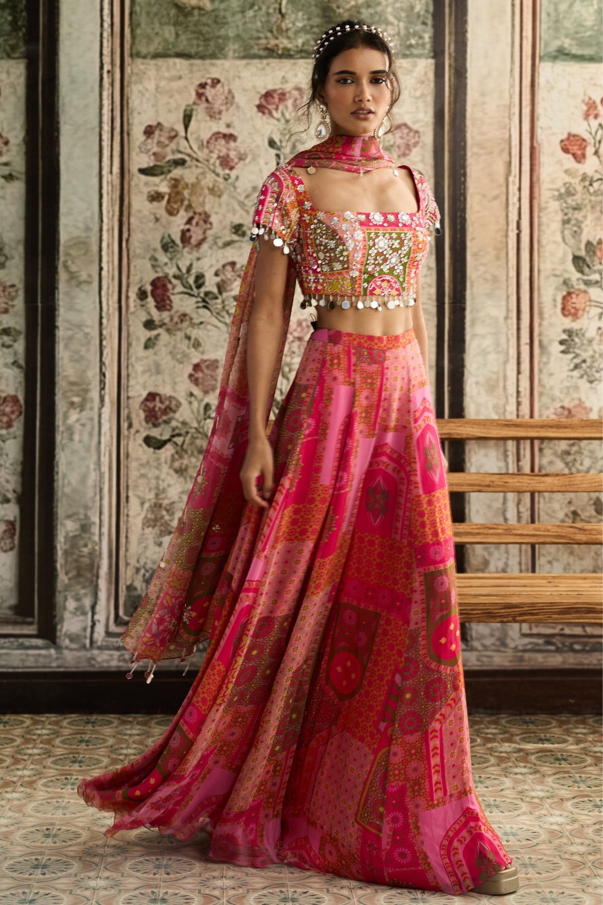 YELLOW-FUSCHIA PRINT AND HIGHLIGHTED SHARARA SET