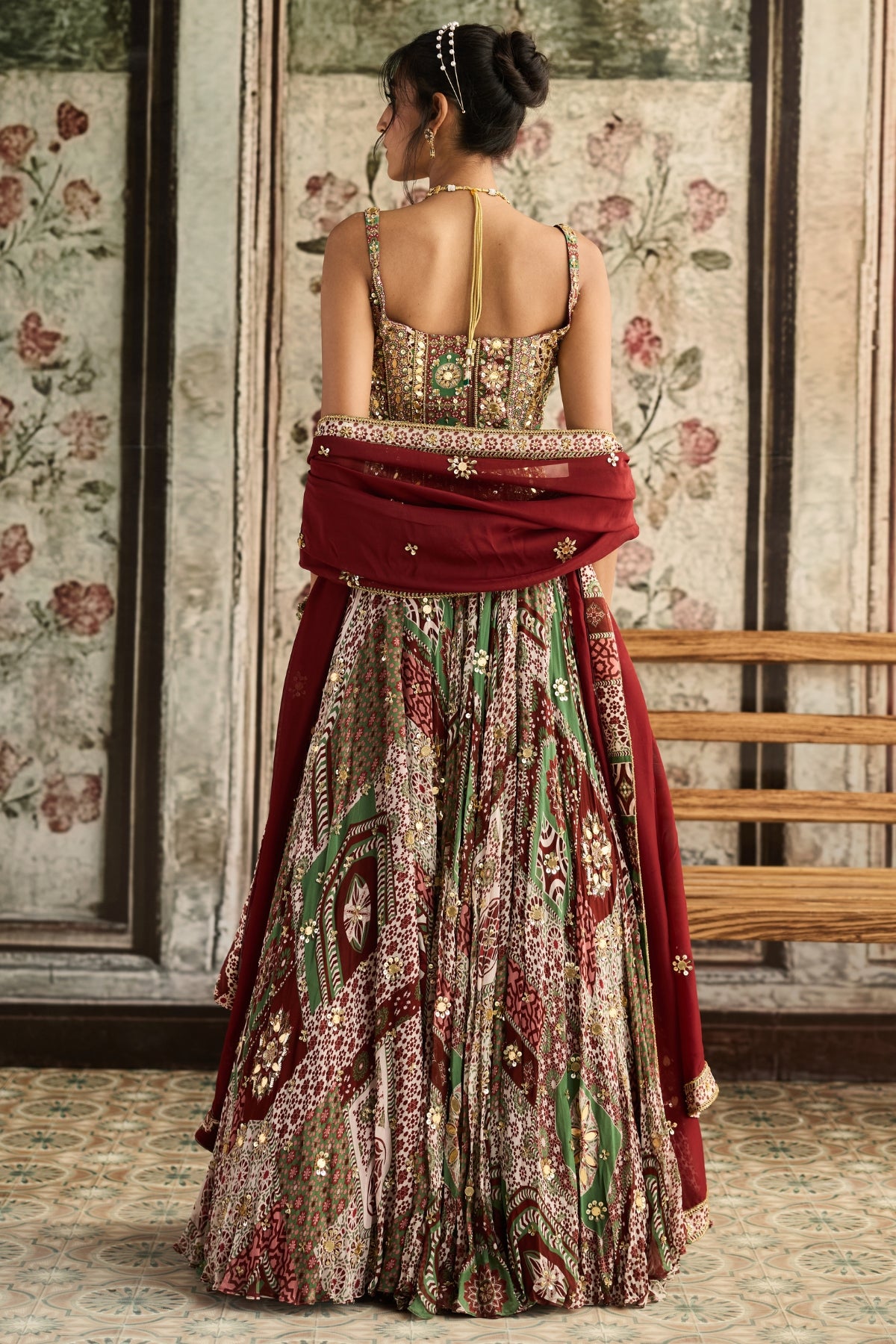 SAGE-MAROON PRINT AND HIGHLIGHTED CORSET BLOUSE LEHENGA SET