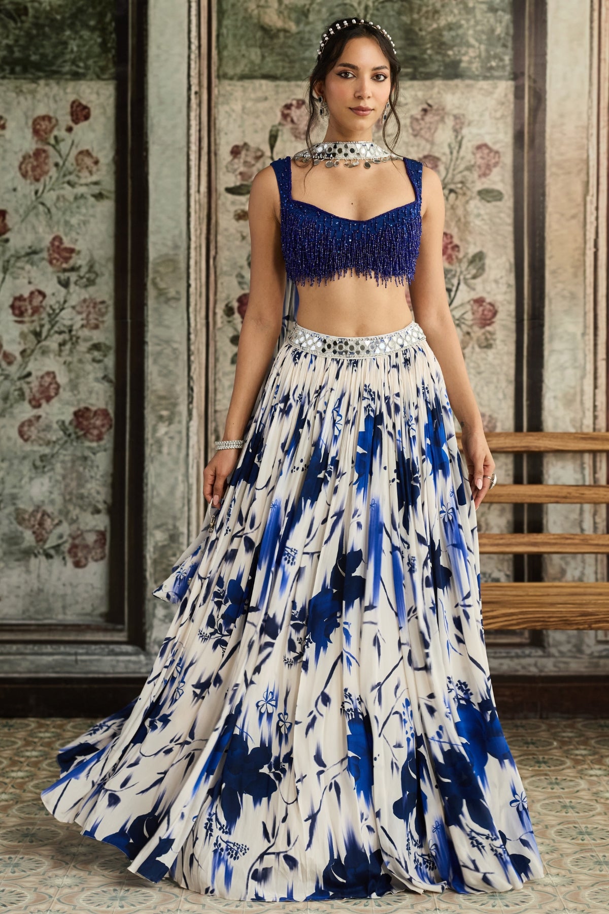 IVORY & BLUE FLORAL PRINTED LEHENGA SET