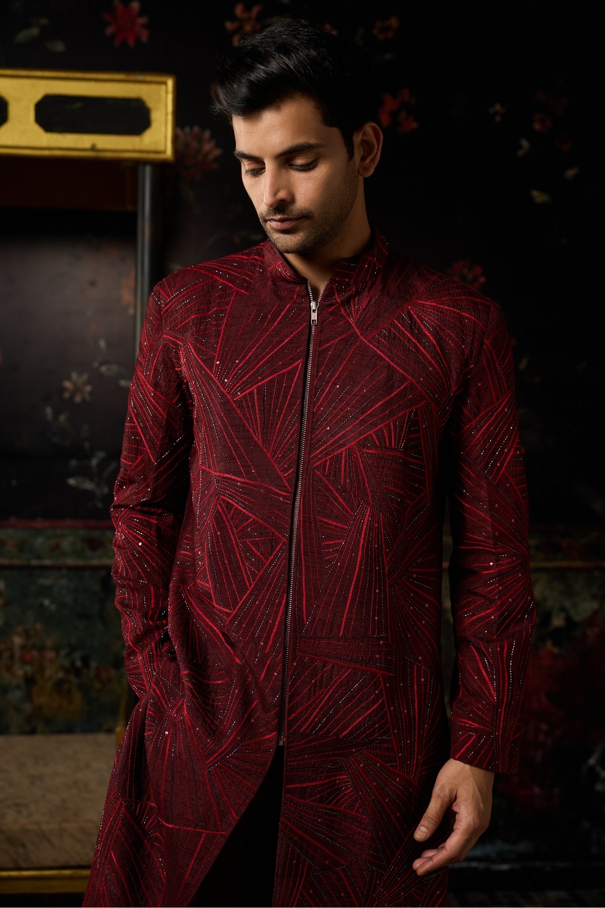 MAROON EMBROIDERED JACKET SET & PANTS