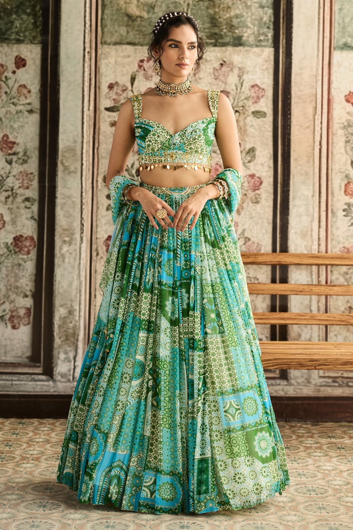 AQUA PRINT AND HIGHLIGHTED RUCHED BLOUSE LEHENGA SET