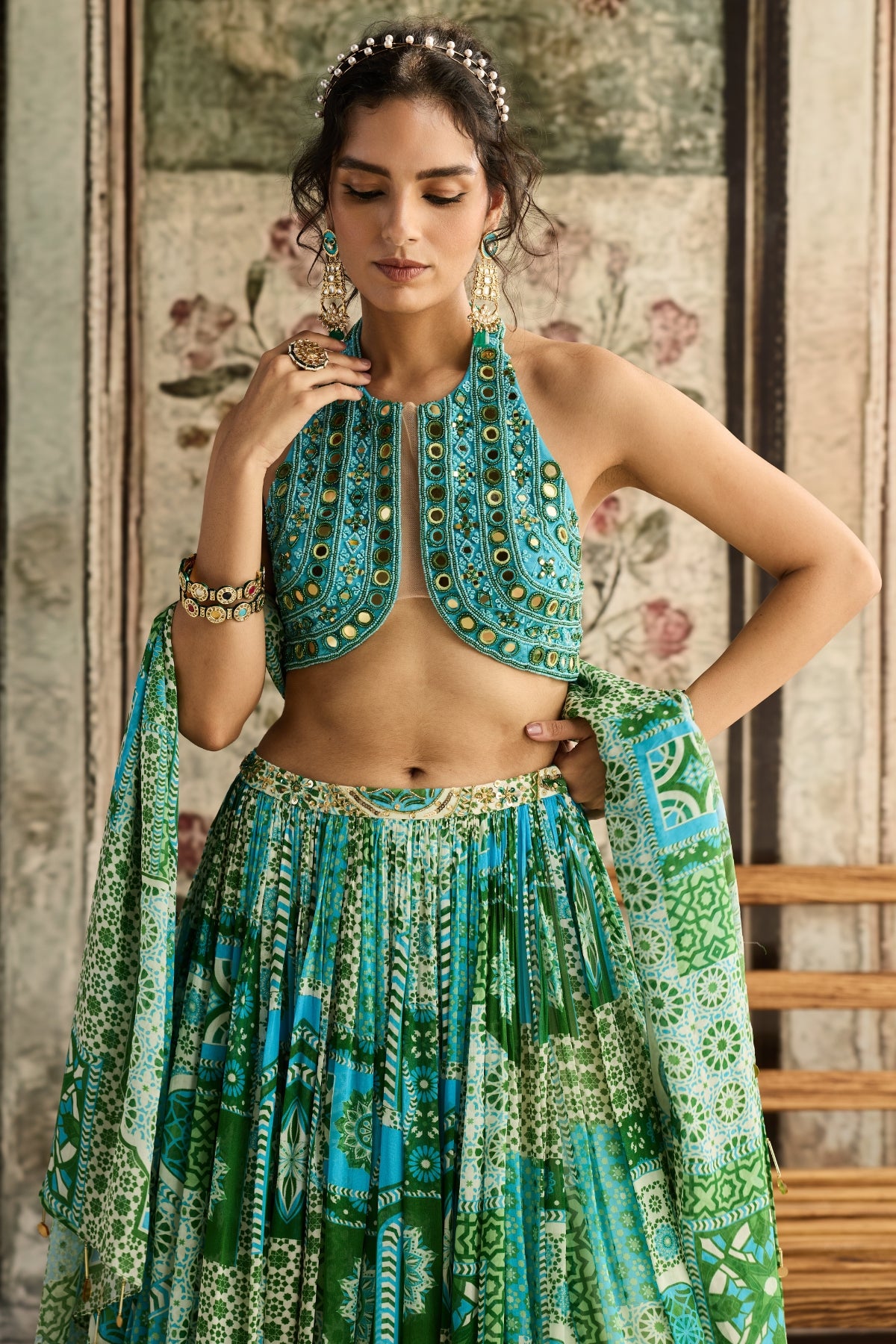 AQUA EMBROIDERED BLOUSE AND AQUA PRINT AND HIGHLIGHTED LEHENGA SET