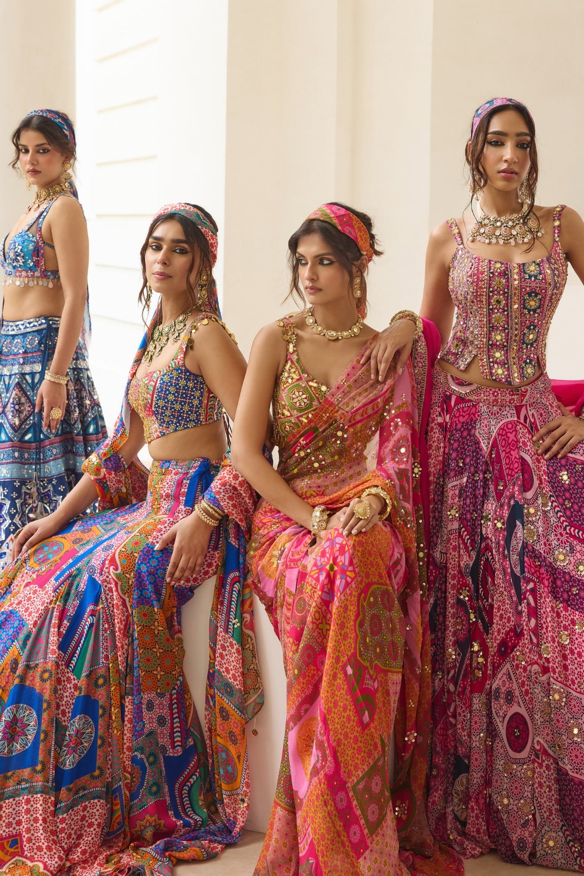 FUSCHIA PRINT AND HIGHLIGHTED CORSET BLOUSE LEHENGA SET