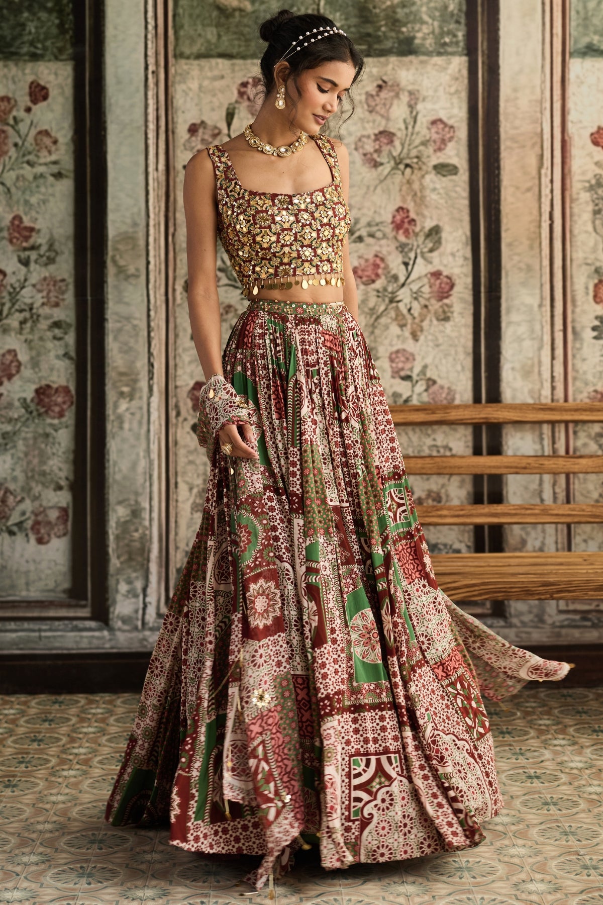 SAGE-MAROON PRINT AND HIGHLIGHTED SQUARE NECK BLOUSE WITH LEHENGA SET