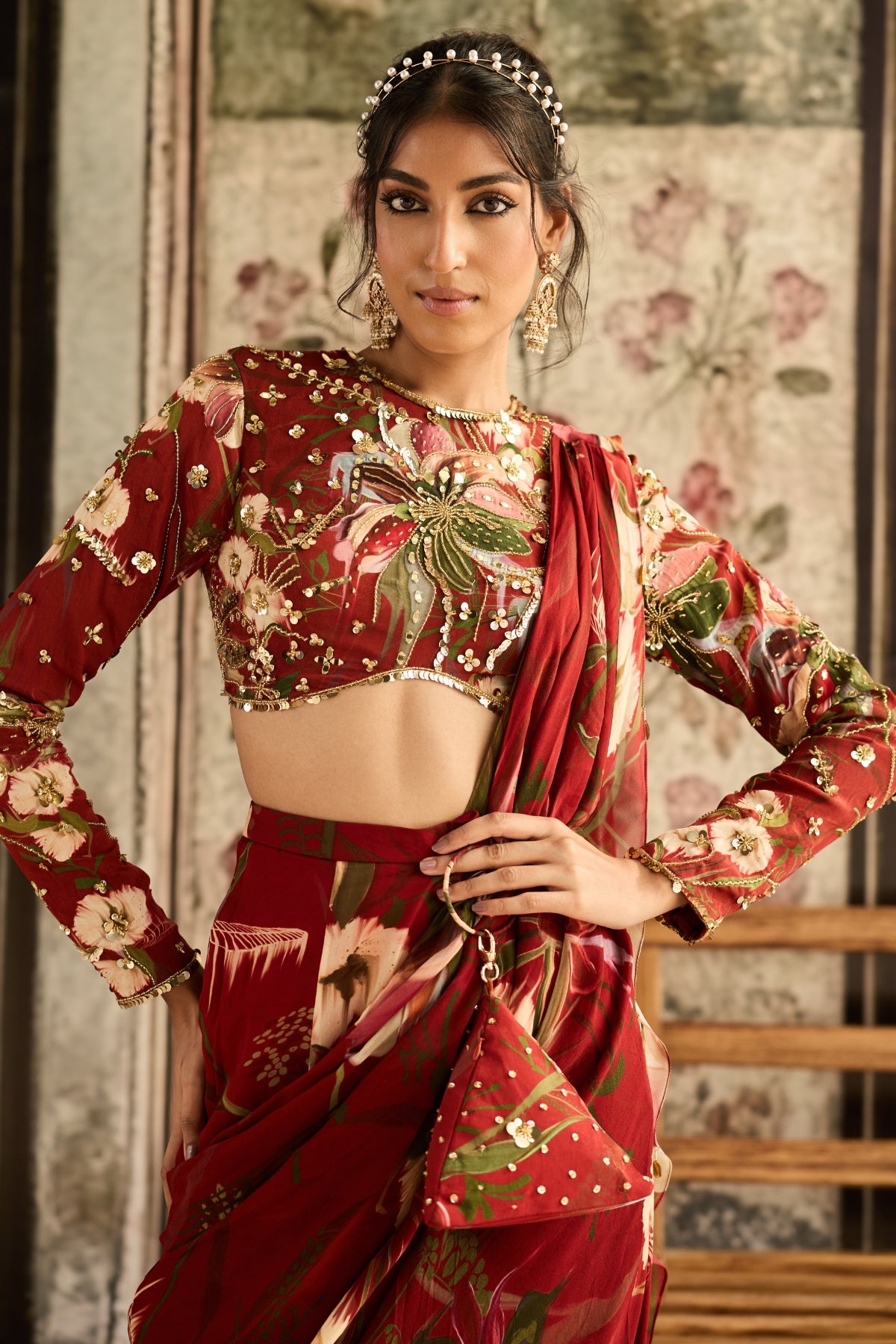 RED FLORAL PRINTED SKIRT SAREE SET