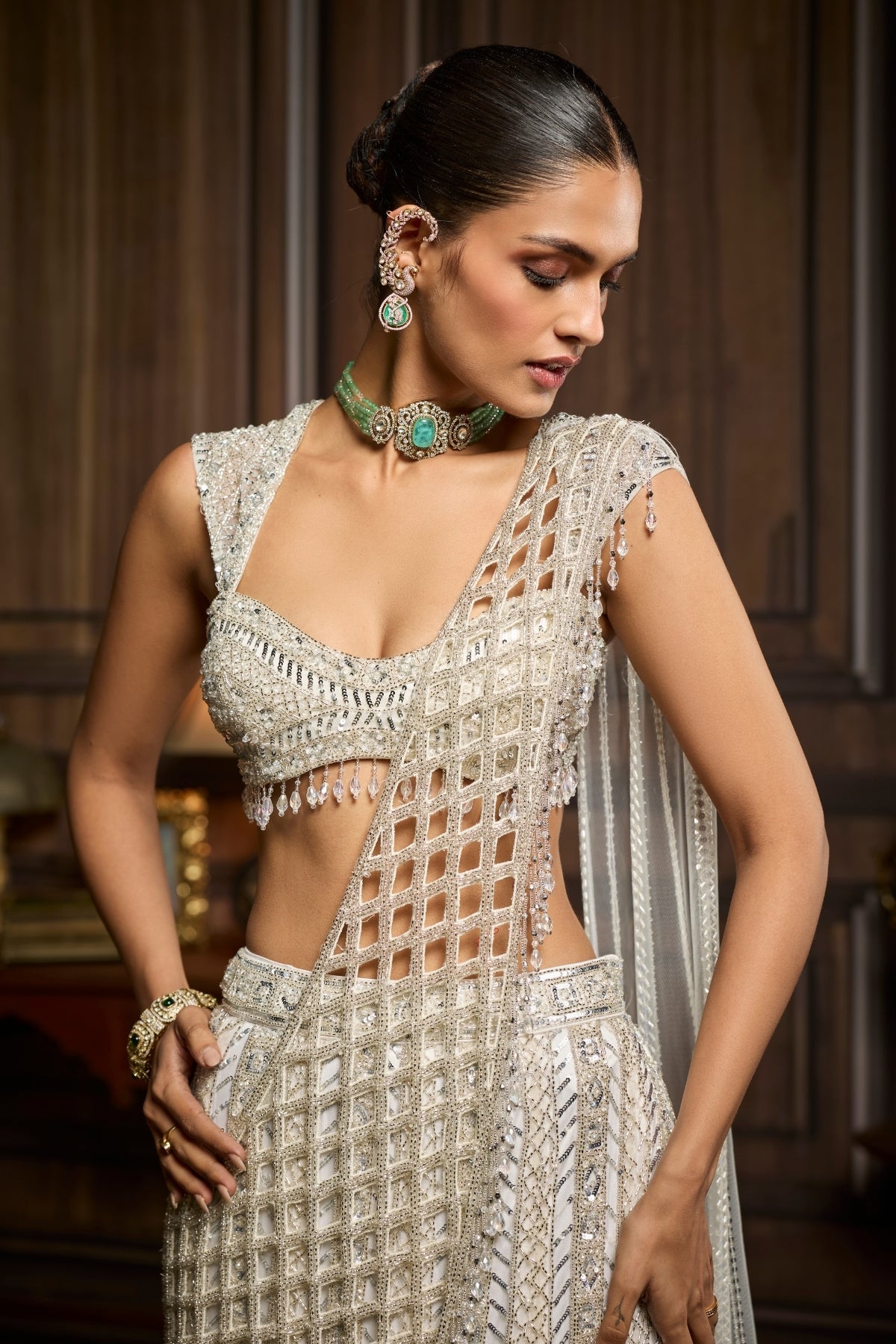 Silver Embellished Mermaid Skirt Saree Set