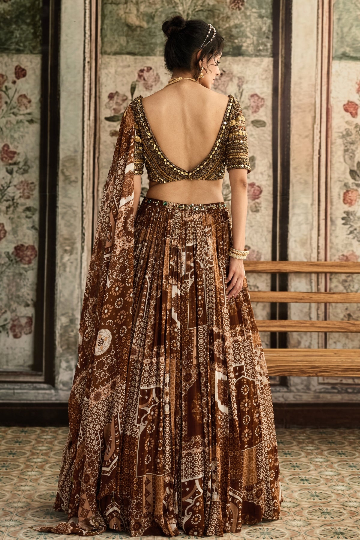 CARAMEL METALLIC EMBROIDERED BLOUSE AND CARAMEL PRINTED LEHENGA SET