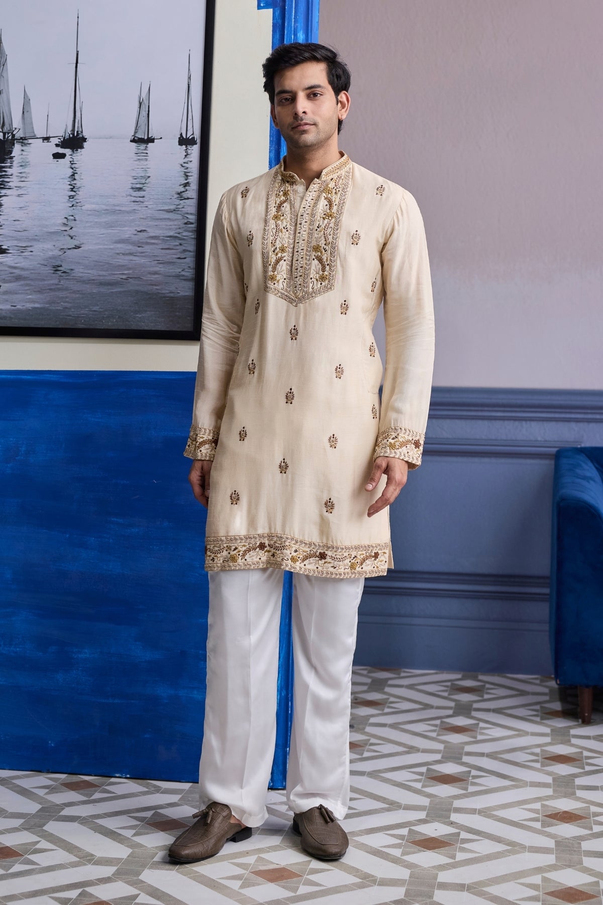 IVORY THREAD EMBROIDERED YOKE KURTA WITH PANTS