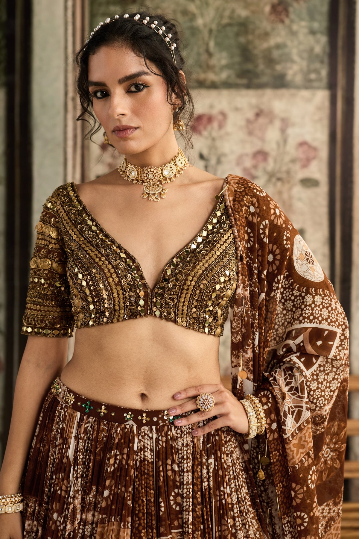 CARAMEL METALLIC EMBROIDERED BLOUSE AND CARAMEL PRINTED LEHENGA SET