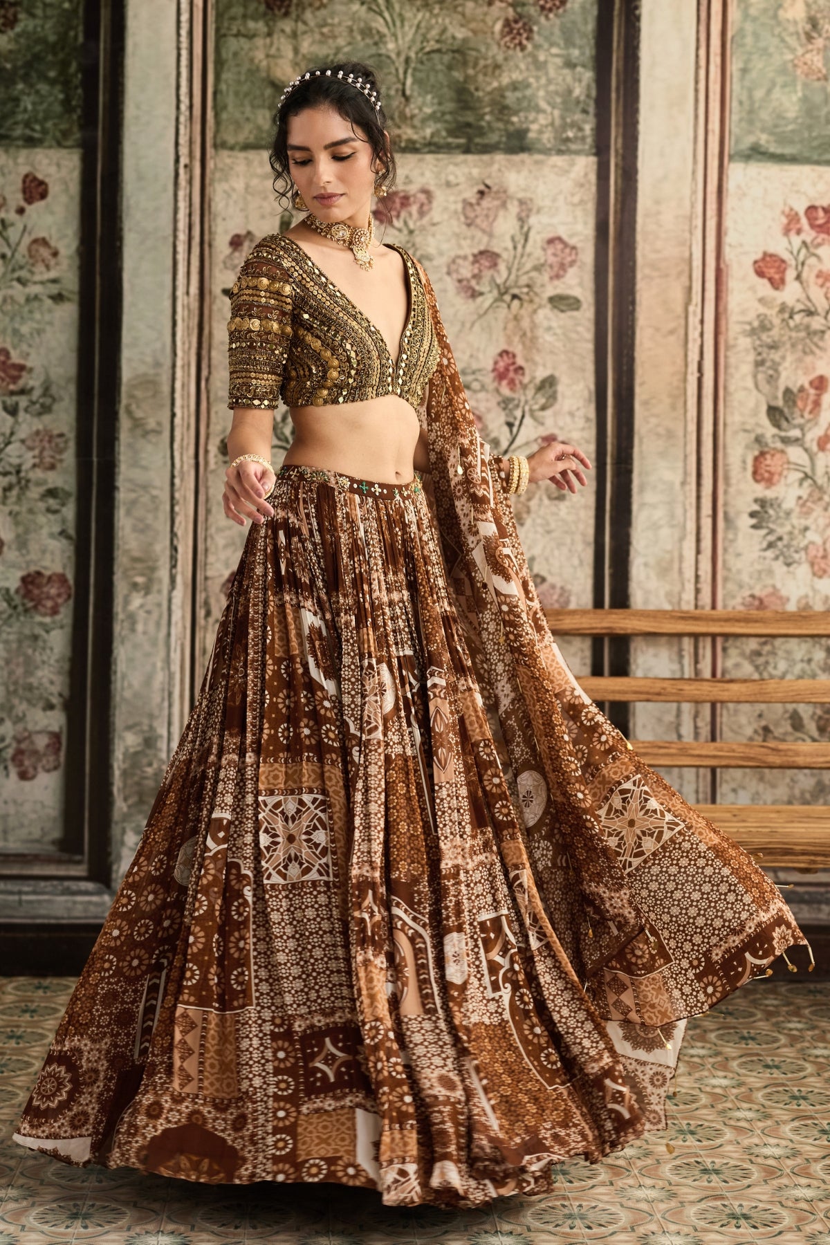CARAMEL METALLIC EMBROIDERED BLOUSE AND CARAMEL PRINTED LEHENGA SET