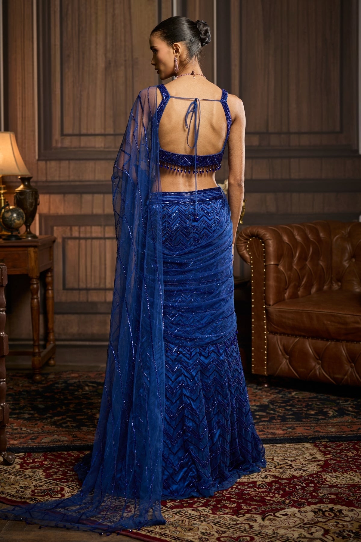 ELECTRIC BLUE EMBELLISHED PRE-DRAPED SKIRT SAREE SET
