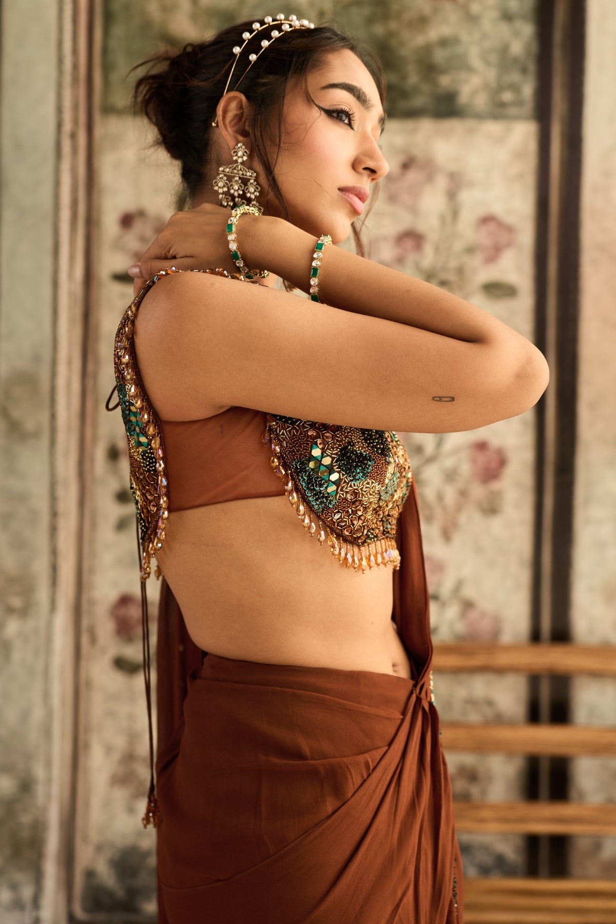 CARAMEL EMBROIDERED PRE-DRAPED SAREE SET
