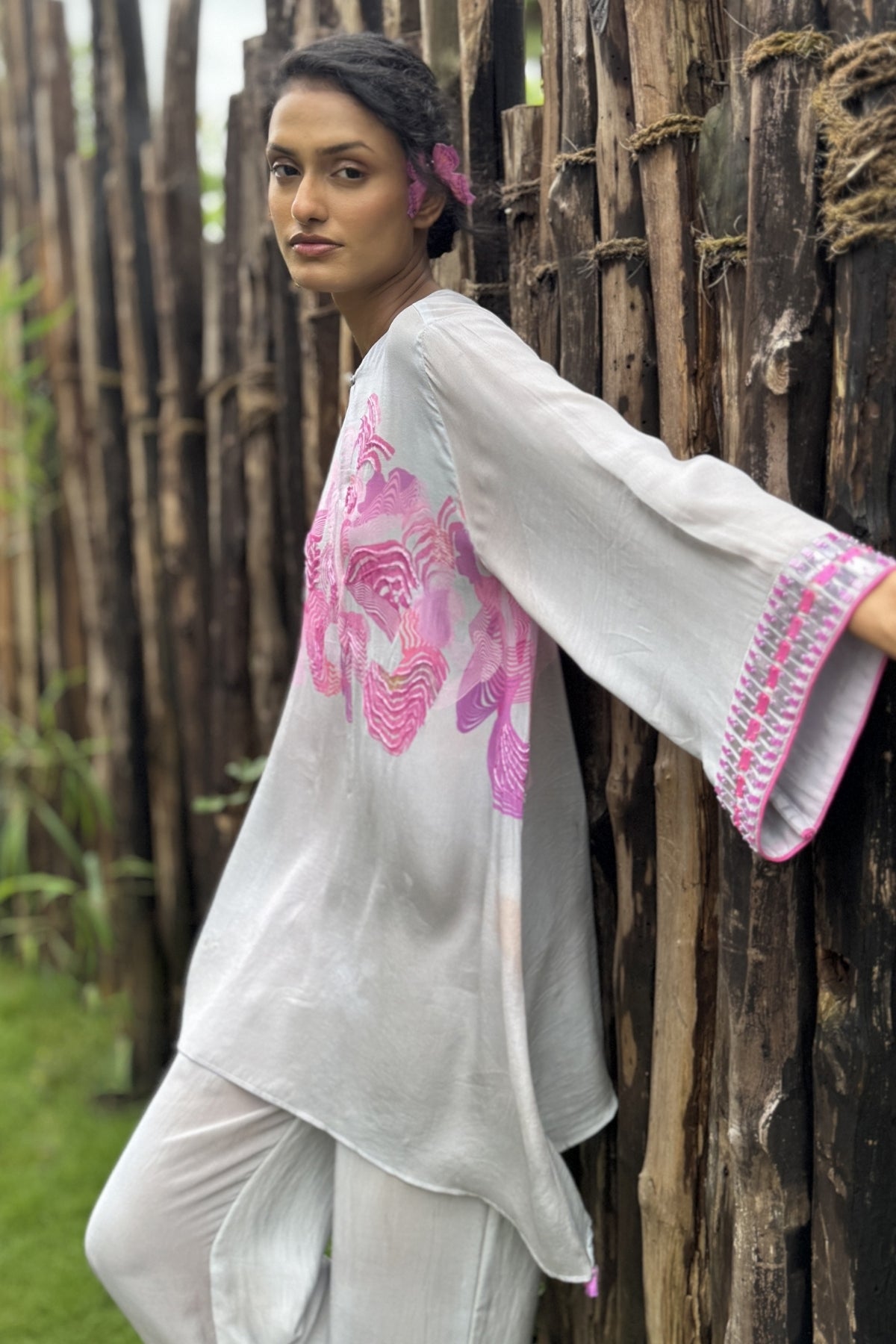 White & Pink Crepe Embroidered Co-Ord Set