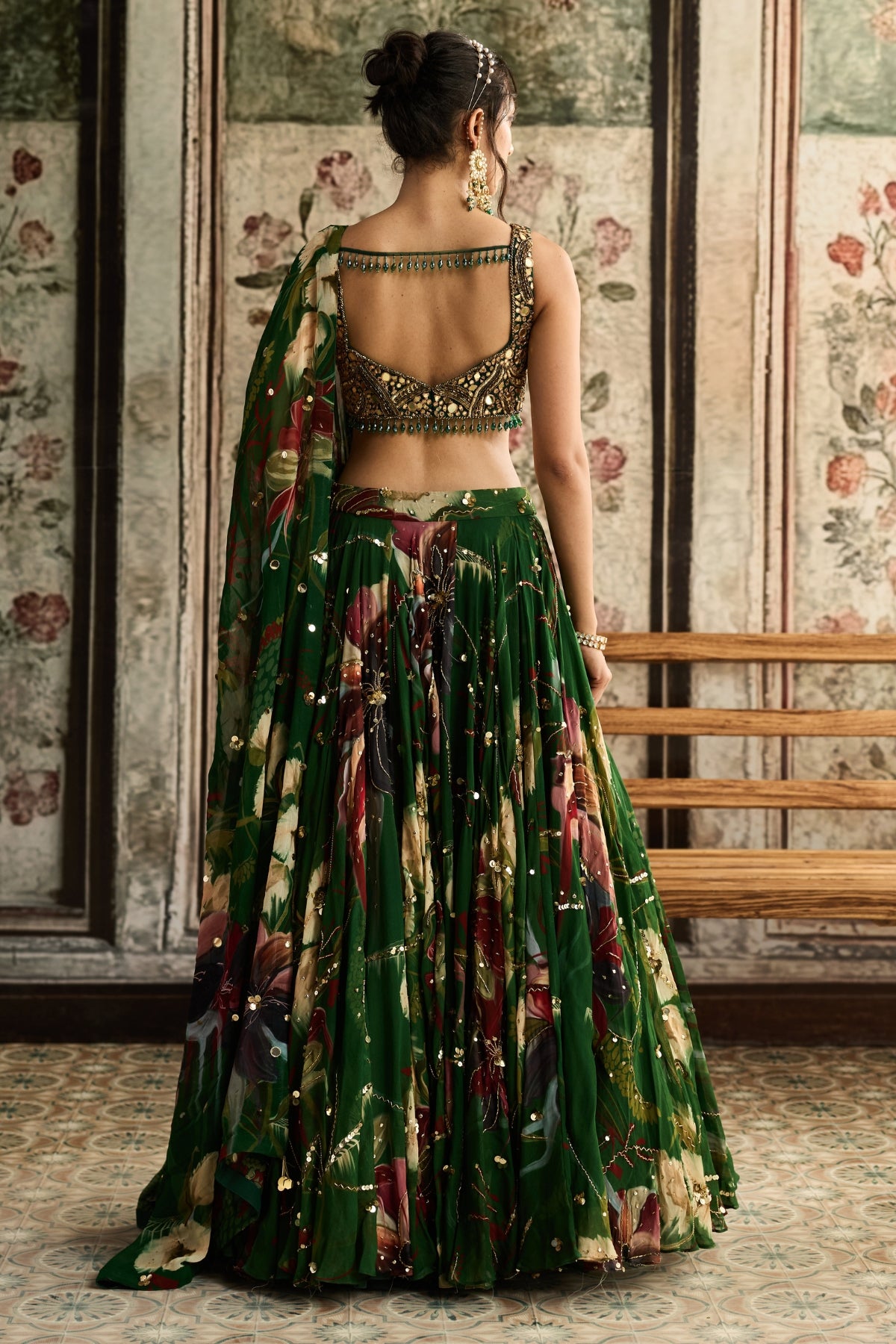 GREEN FLORAL PRINT AND HIGHLIGHTED LEHENGA SET