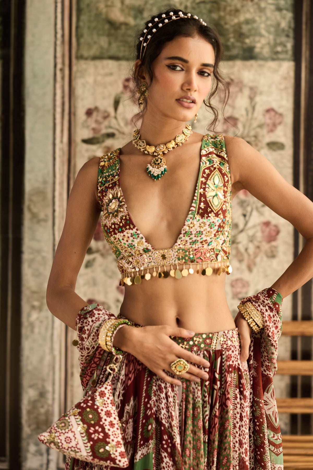 SAGE-MAROON PRINTED LEHENGA SET