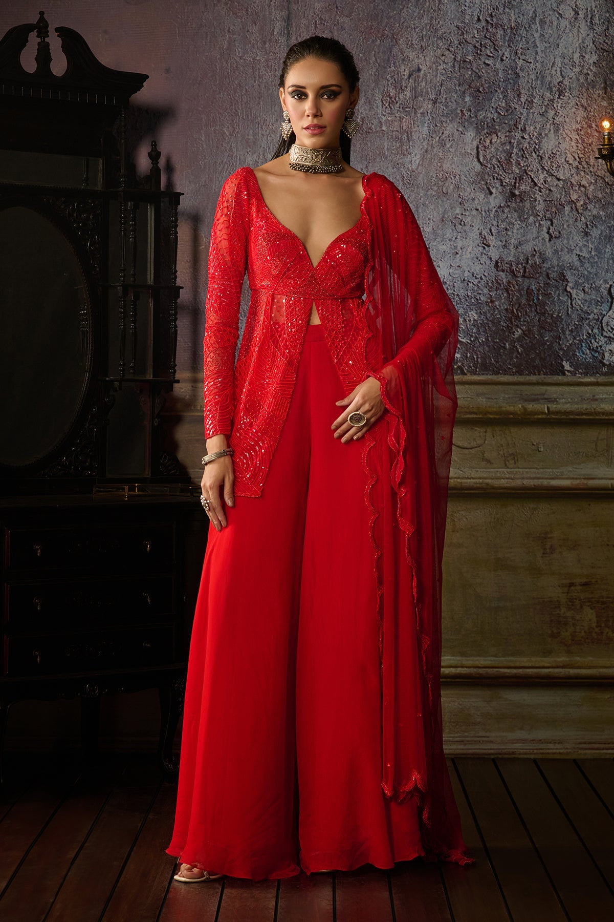 RED EMBROIDERED PEPLUM WITH ORGANZA SHARARA AND DUPATTA almastejani RED EMBROIDERED PEPLUM WITH ORGANZA SHARARA AND DUPATTA almastejani