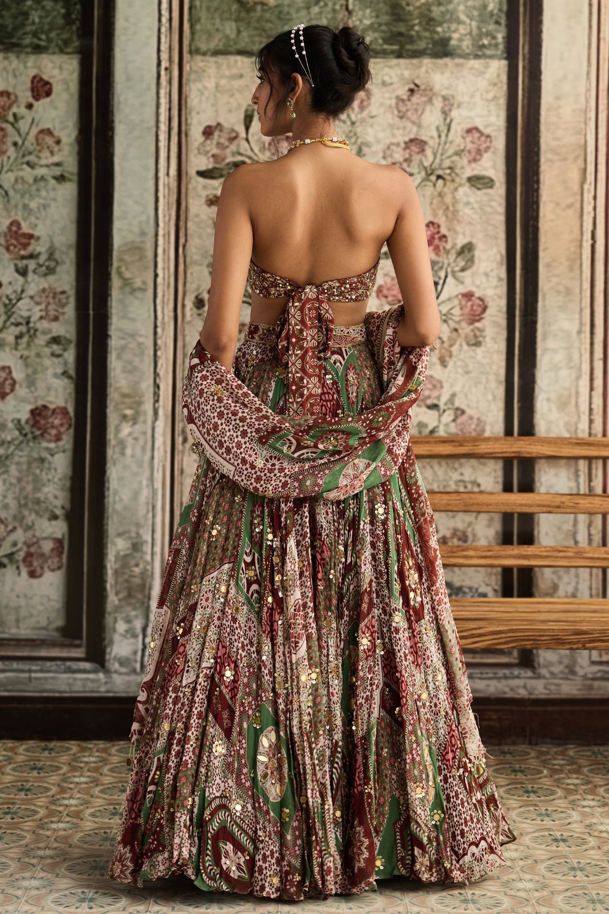 SAGE-MAROON PRINT AND HIGHLIGHTED STRAPLESS BLOUSE WITH LEHENGA SET