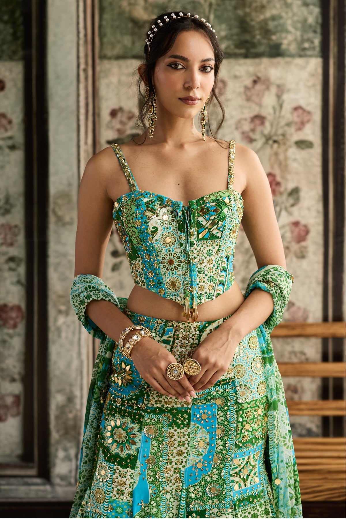 AQUA PRINT AND HIGHLIGHTED CORSET MERMAID SKIRT SET