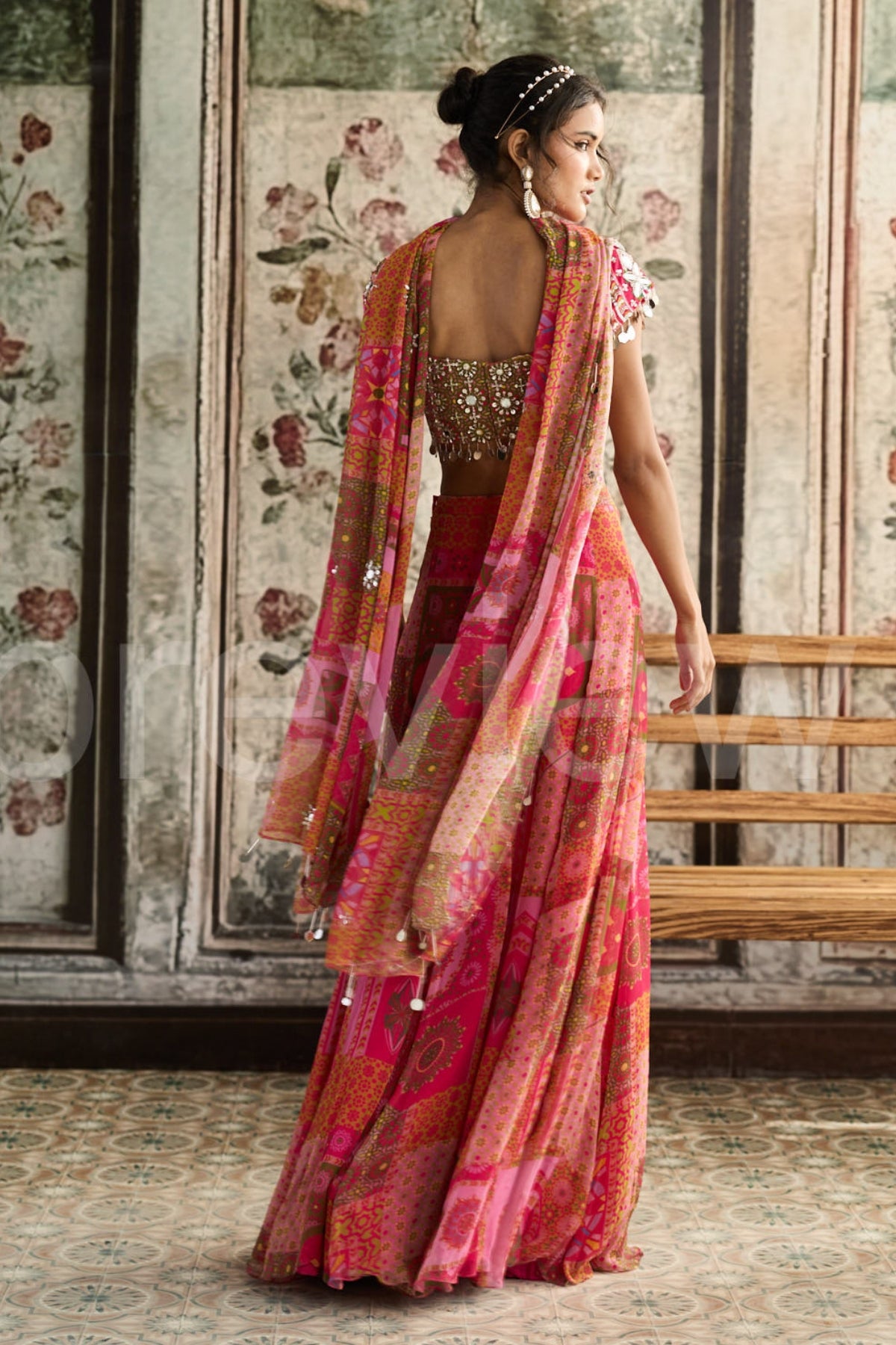 YELLOW-FUSCHIA PRINT AND HIGHLIGHTED SHARARA SET