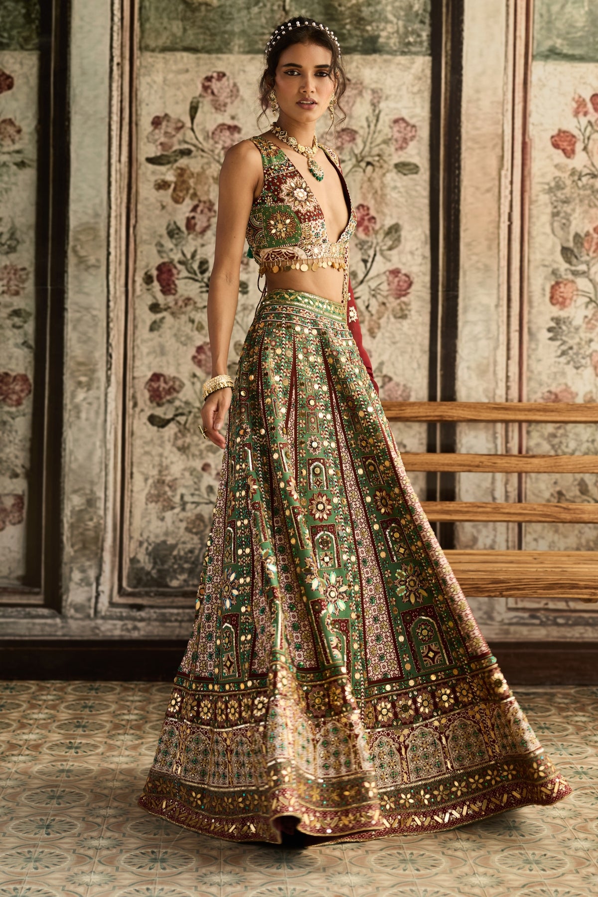 SAGE-MAROON PRINT AND HIGHLIGHTED LEHENGA SET