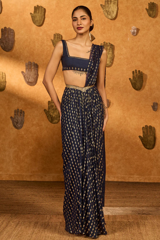 Navy Blue Snow Light Stitched Saree