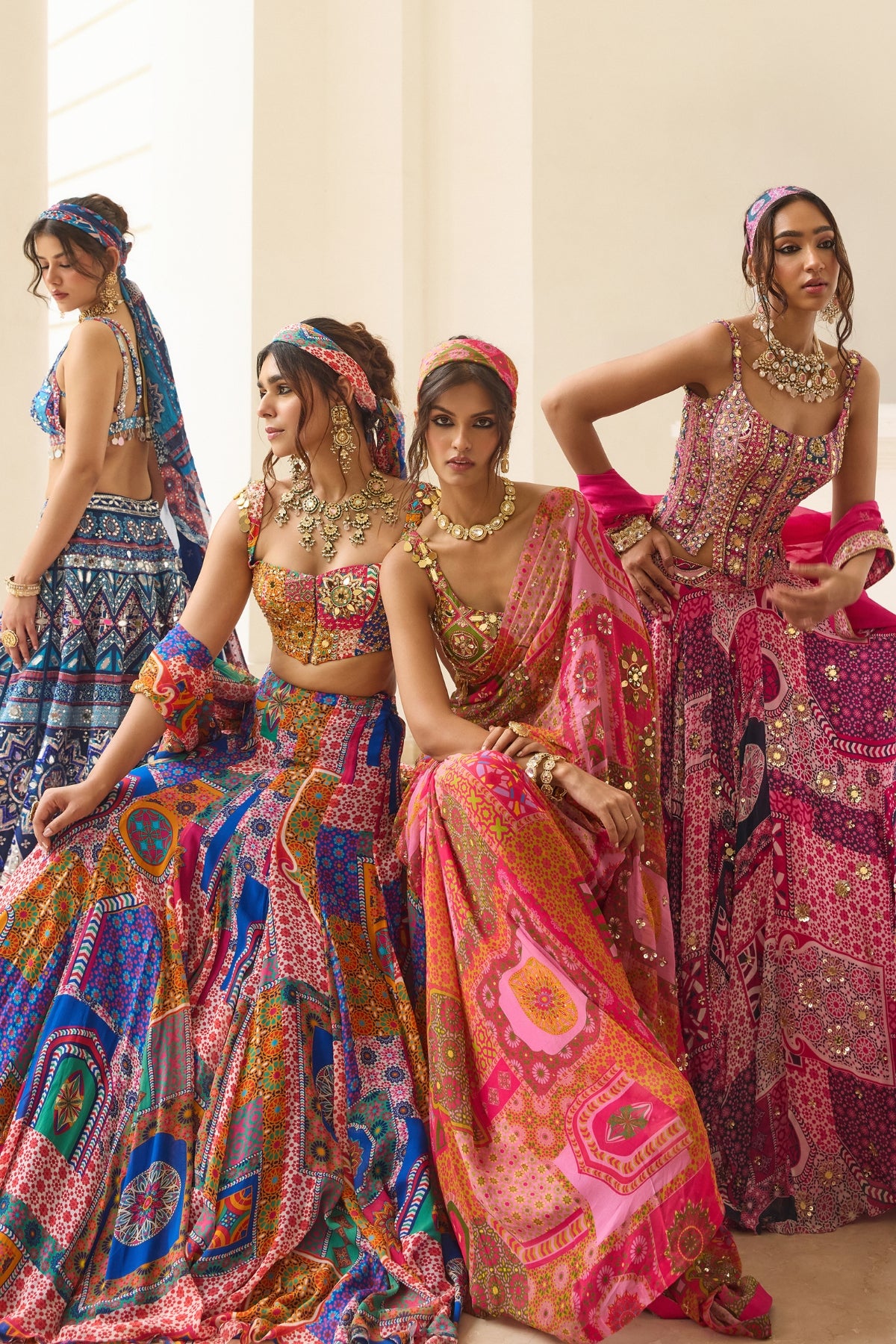 FUSCHIA PRINT AND HIGHLIGHTED CORSET BLOUSE LEHENGA SET