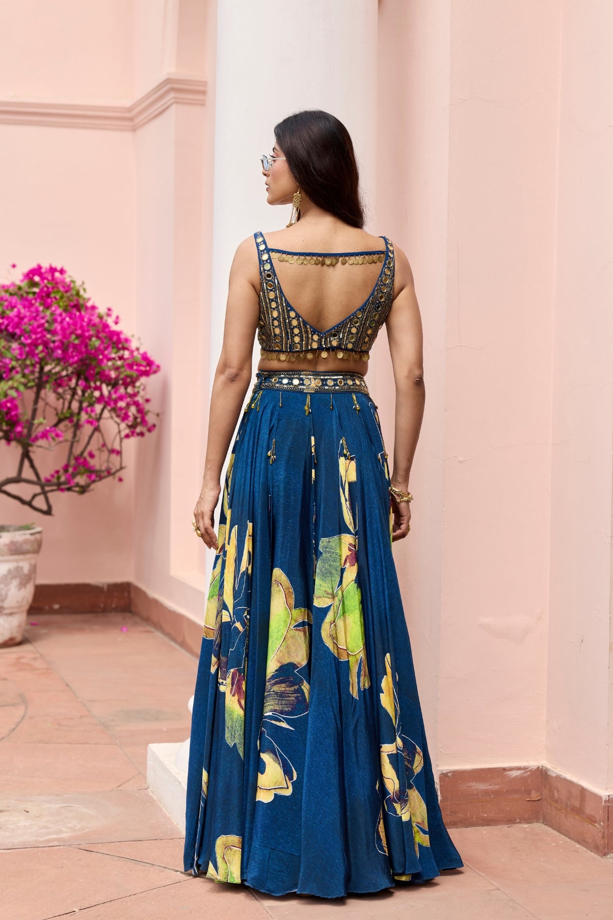 NAVYGOLD FLORAL PRINTED LEHENGA SET