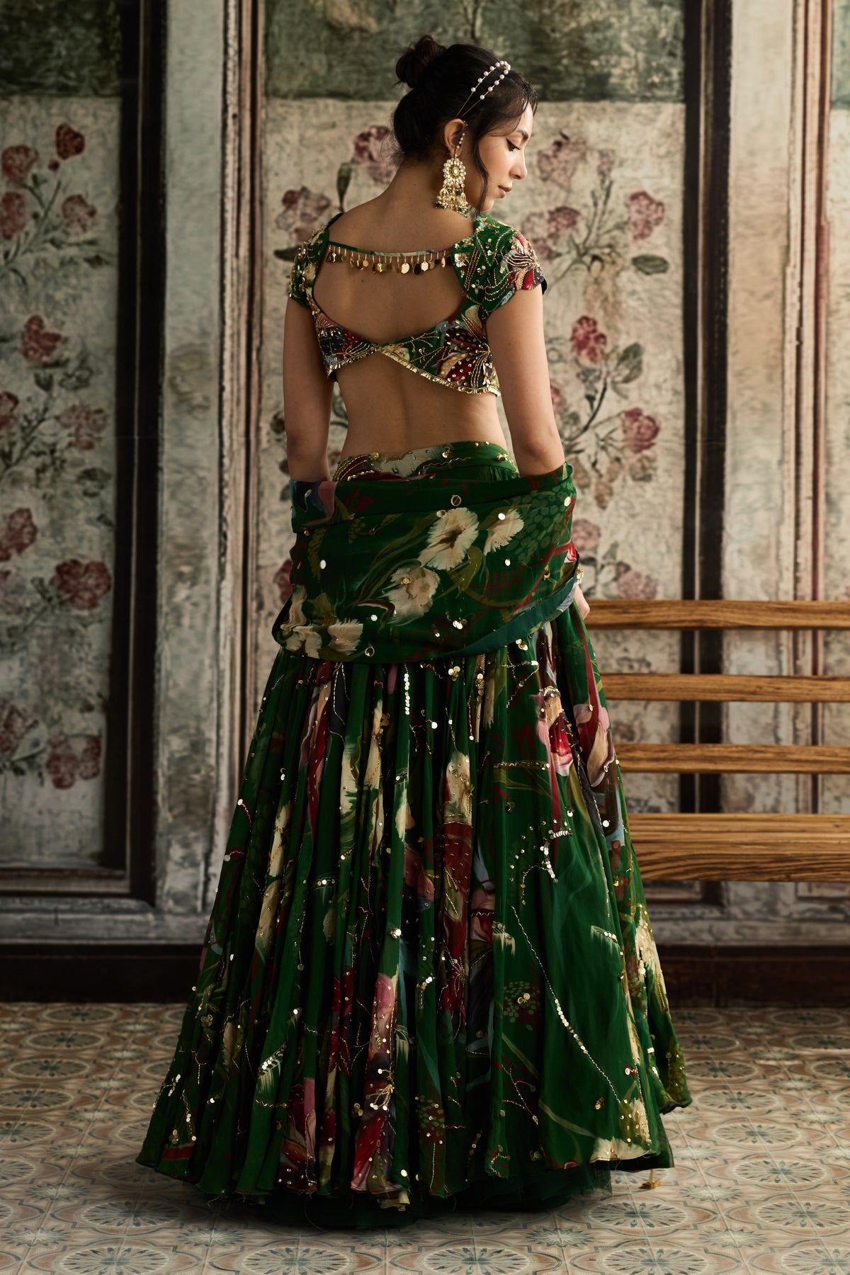 GREEN FLORAL PRINT AND HIGHLIGHTED LEHENGA SET