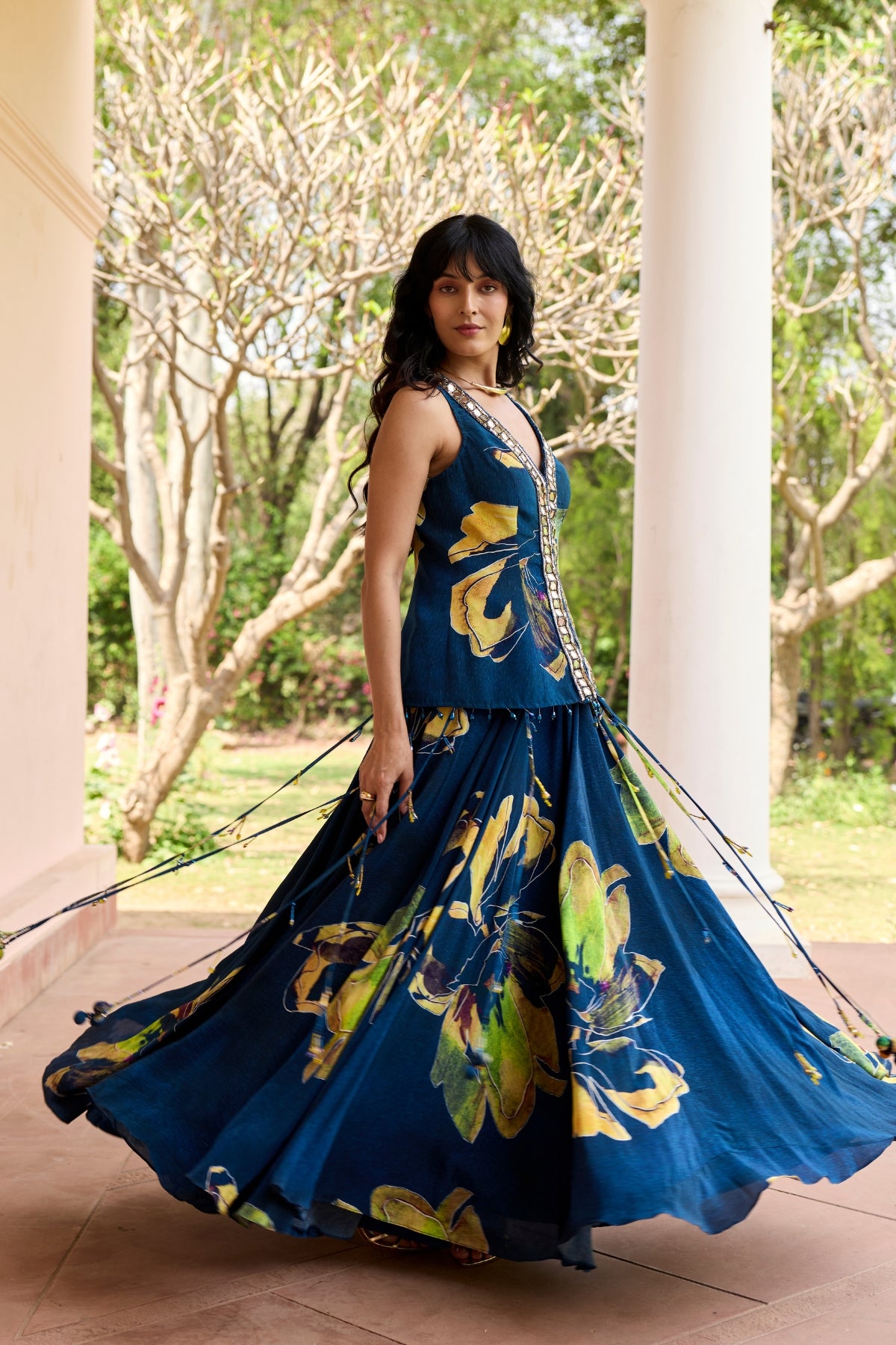 NAVYGOLD FLORAL PRINTED LEHENGA SET