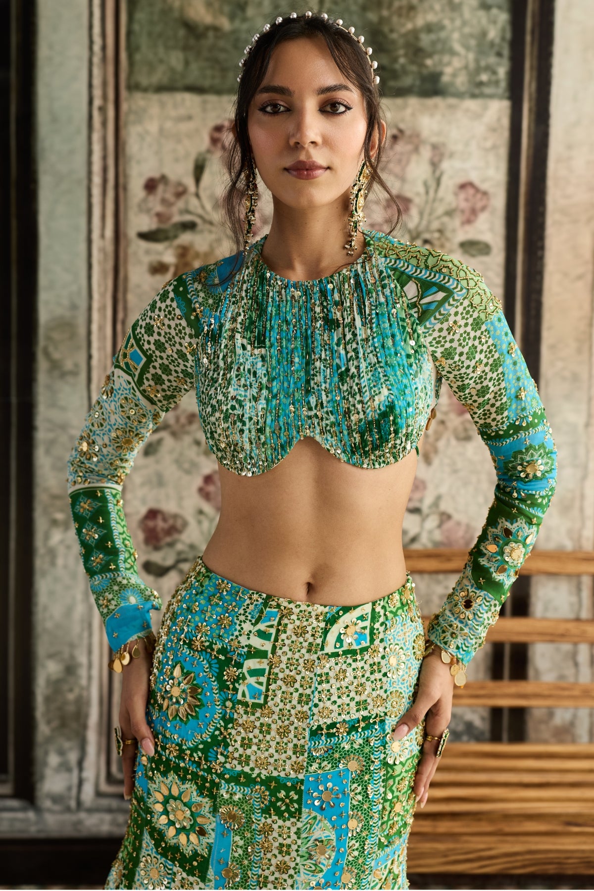 AQUA PRINT AND HIGHLIGHTED RUCHED BLOUSE MERMAID SKIRT SET