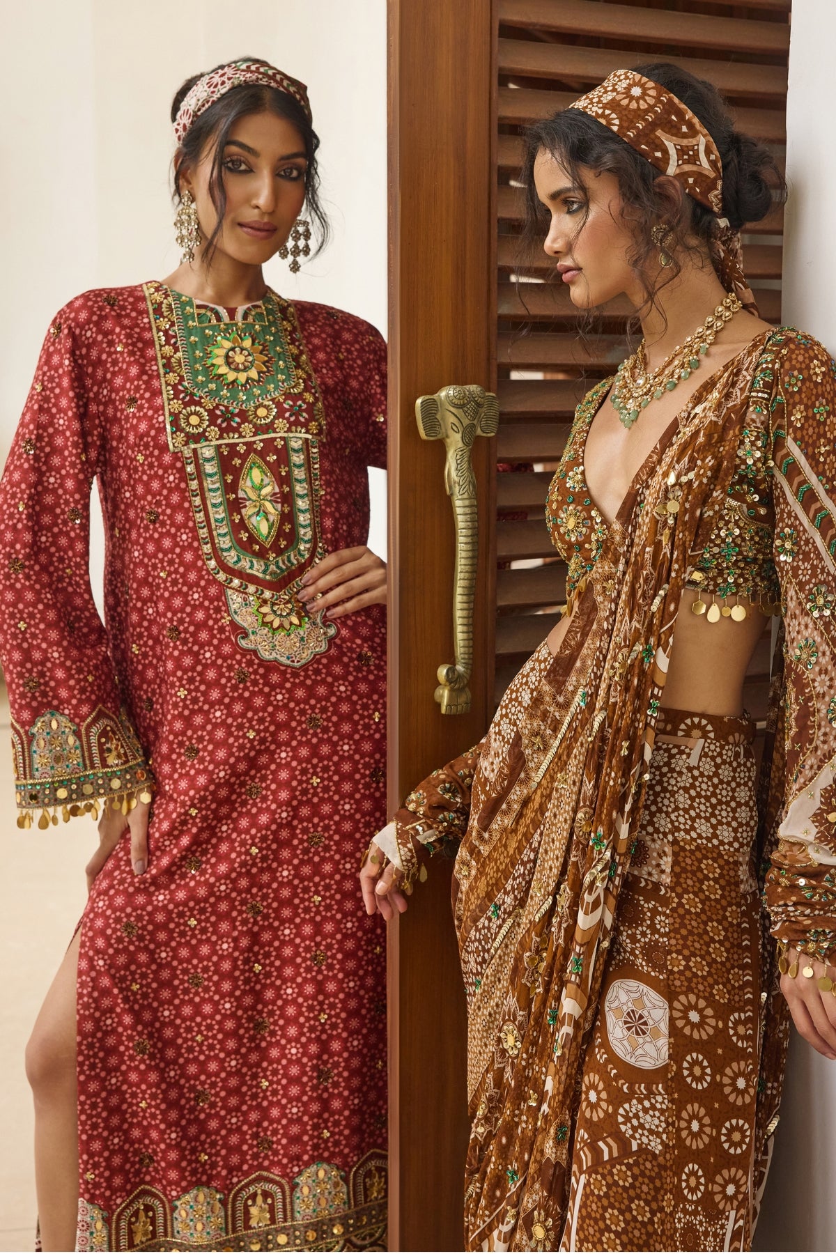 SAGE-MAROON PRINT AND HIGHLIGHTED KAFTAN
