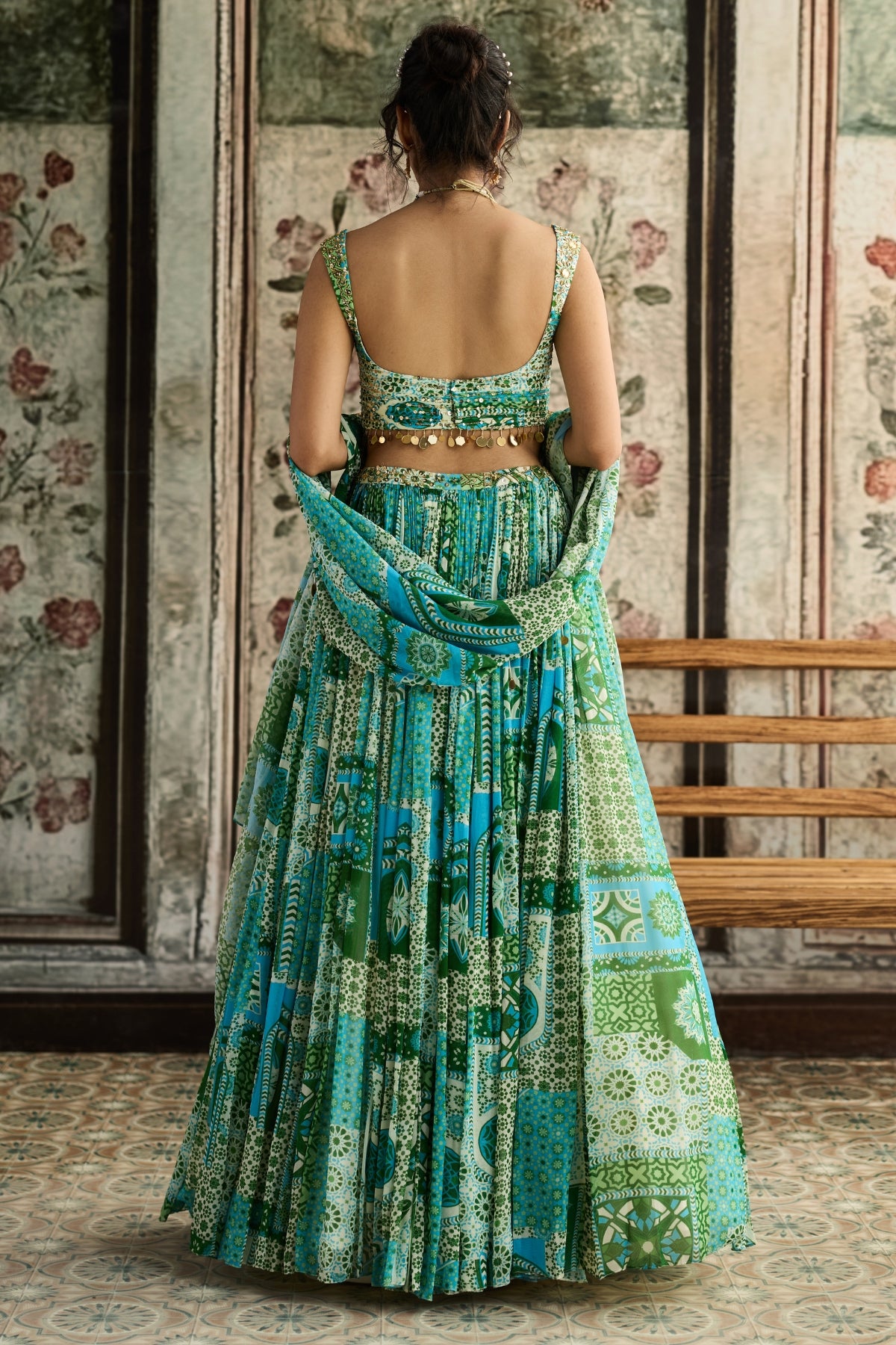 AQUA PRINT AND HIGHLIGHTED RUCHED BLOUSE LEHENGA SET