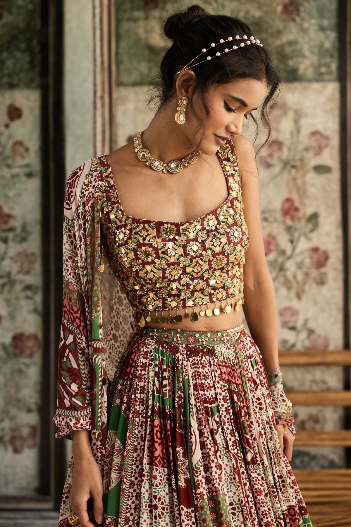 SAGE-MAROON PRINT AND HIGHLIGHTED SQUARE NECK BLOUSE WITH LEHENGA SET