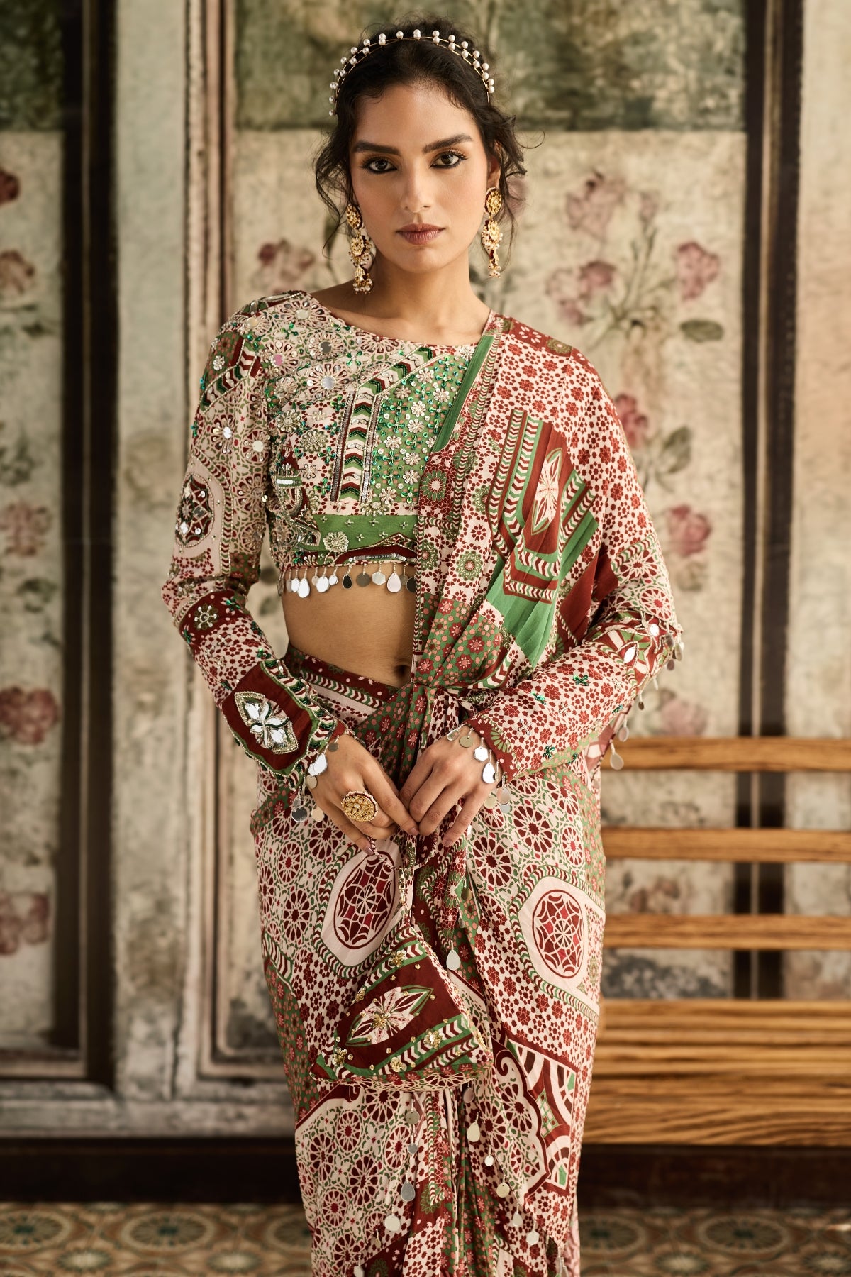 SAGE-MAROON PRINT AND HIGHLIGHTED DHOTI SAREE SET