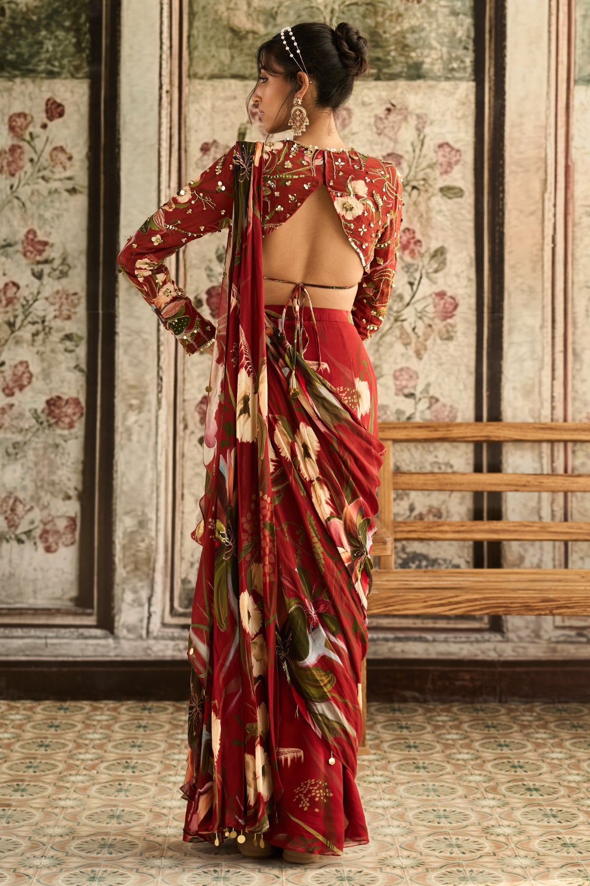 RED FLORAL PRINTED SKIRT SAREE SET