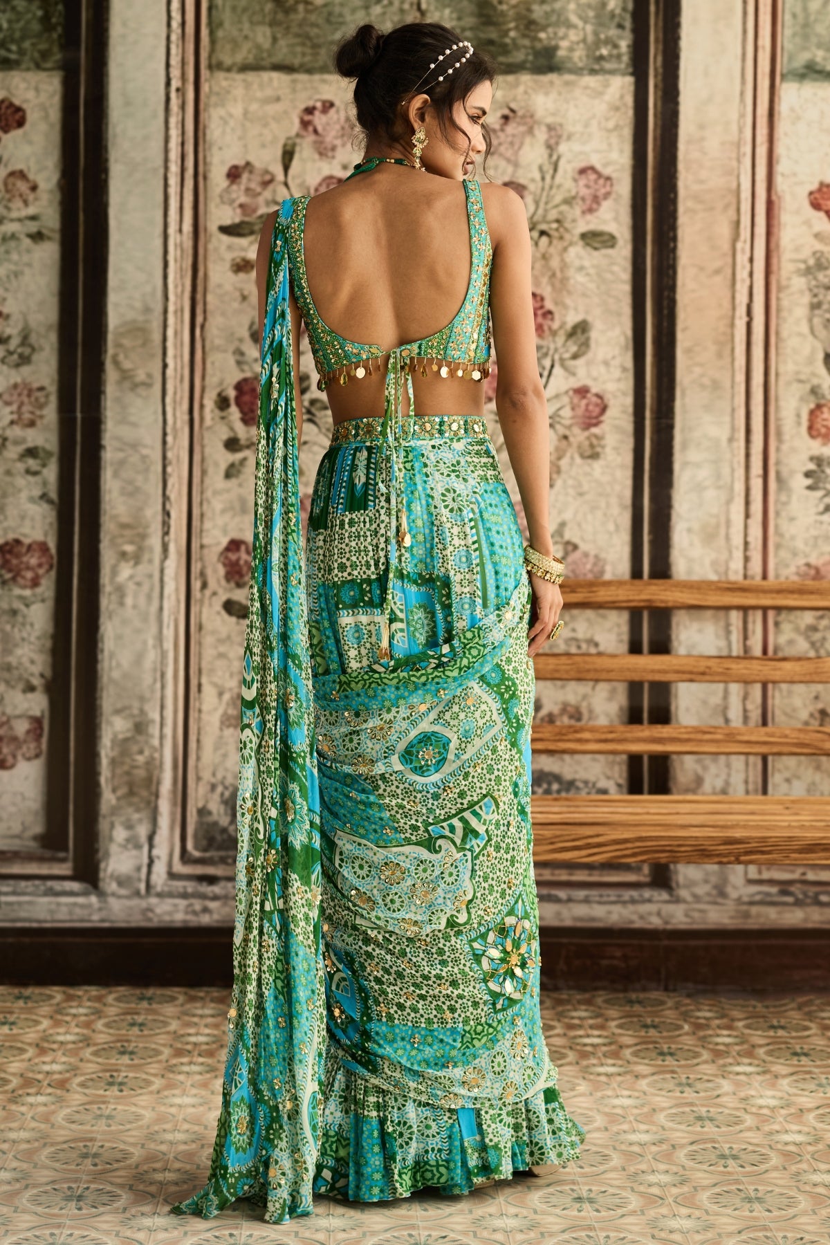 AQUA PRINT AND HIGHLIGHTED TIERED SAREE SET