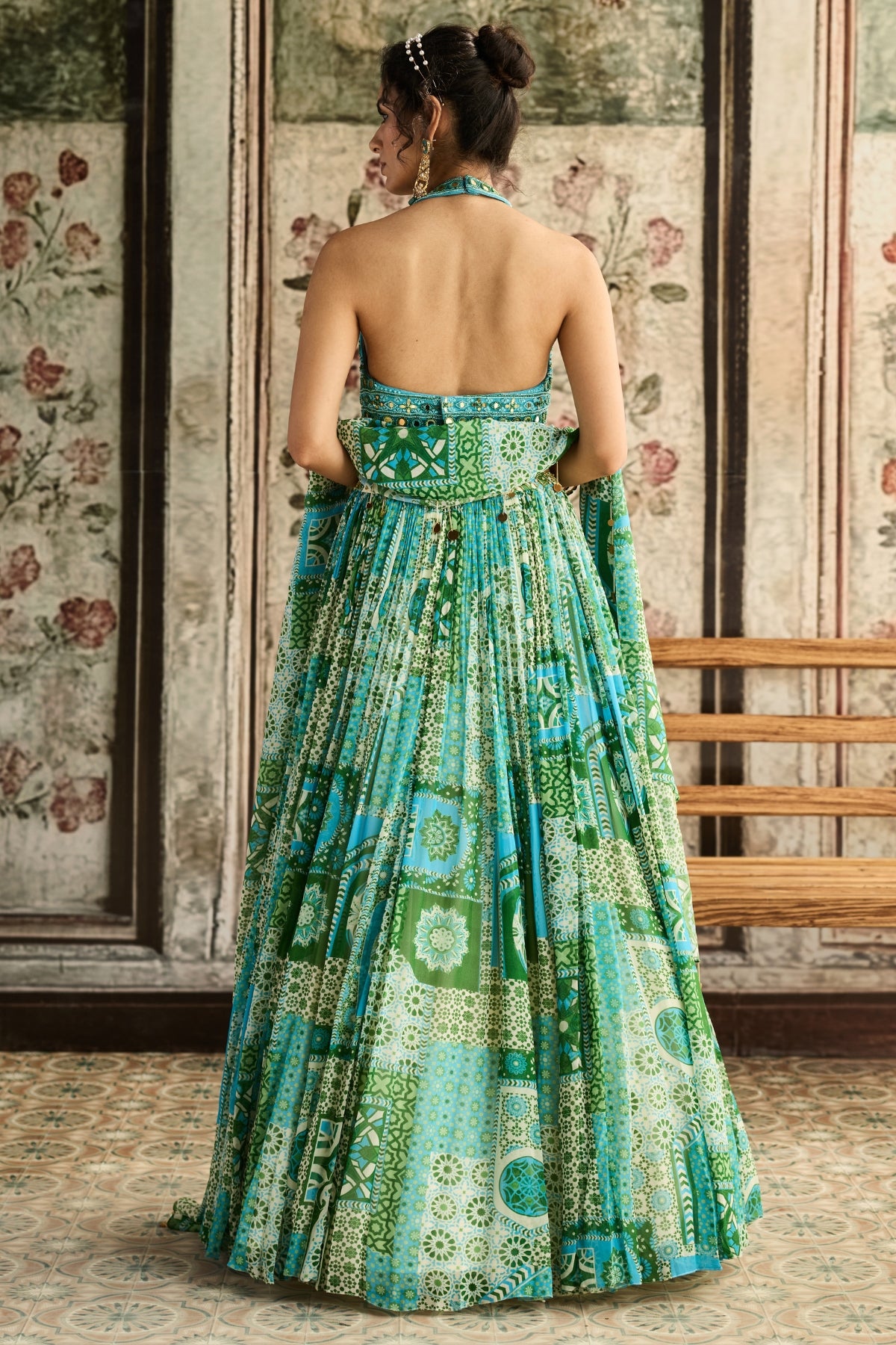 AQUA EMBROIDERED BLOUSE AND AQUA PRINT AND HIGHLIGHTED LEHENGA SET