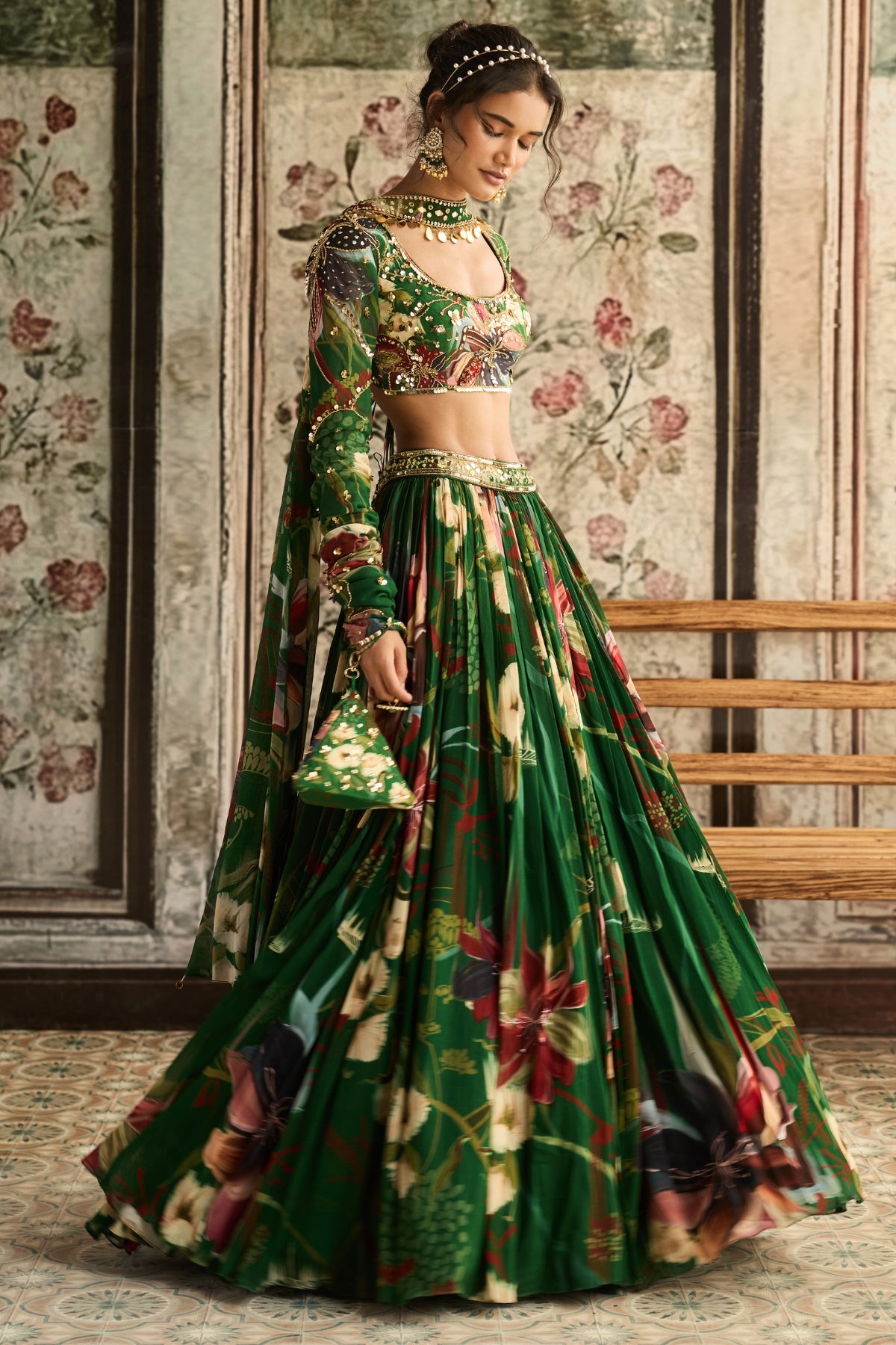 GREEN FLORAL PRINTED LEHENGA SET