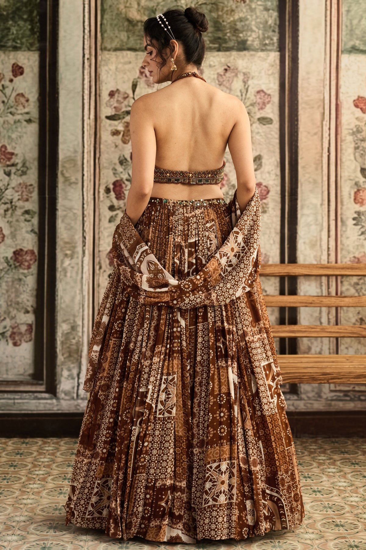 CARAMEL EMBROIDERED HALTER BLOUSE WITH PRINTED LEHENGA SET