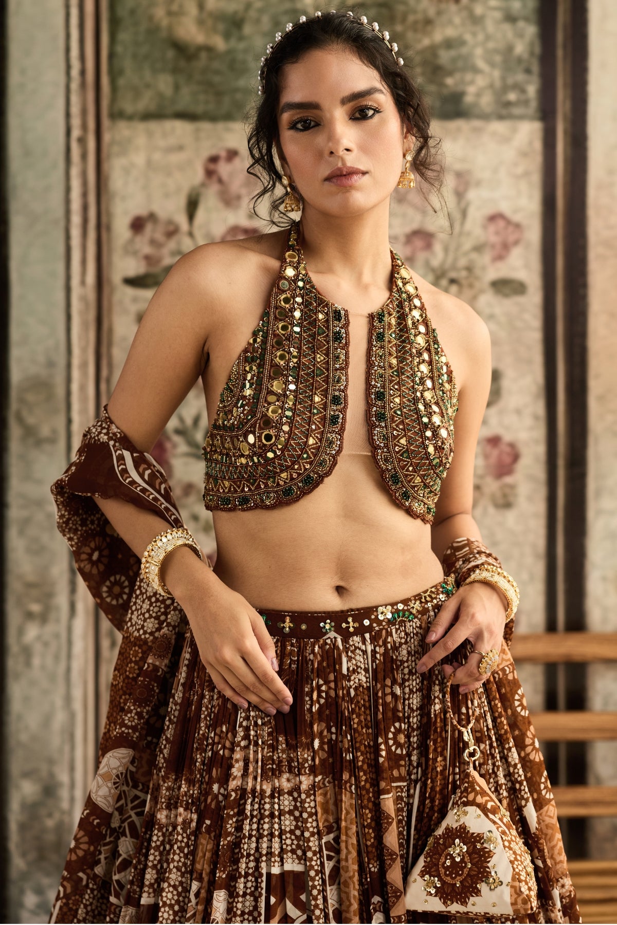 CARAMEL EMBROIDERED HALTER BLOUSE WITH PRINTED LEHENGA SET