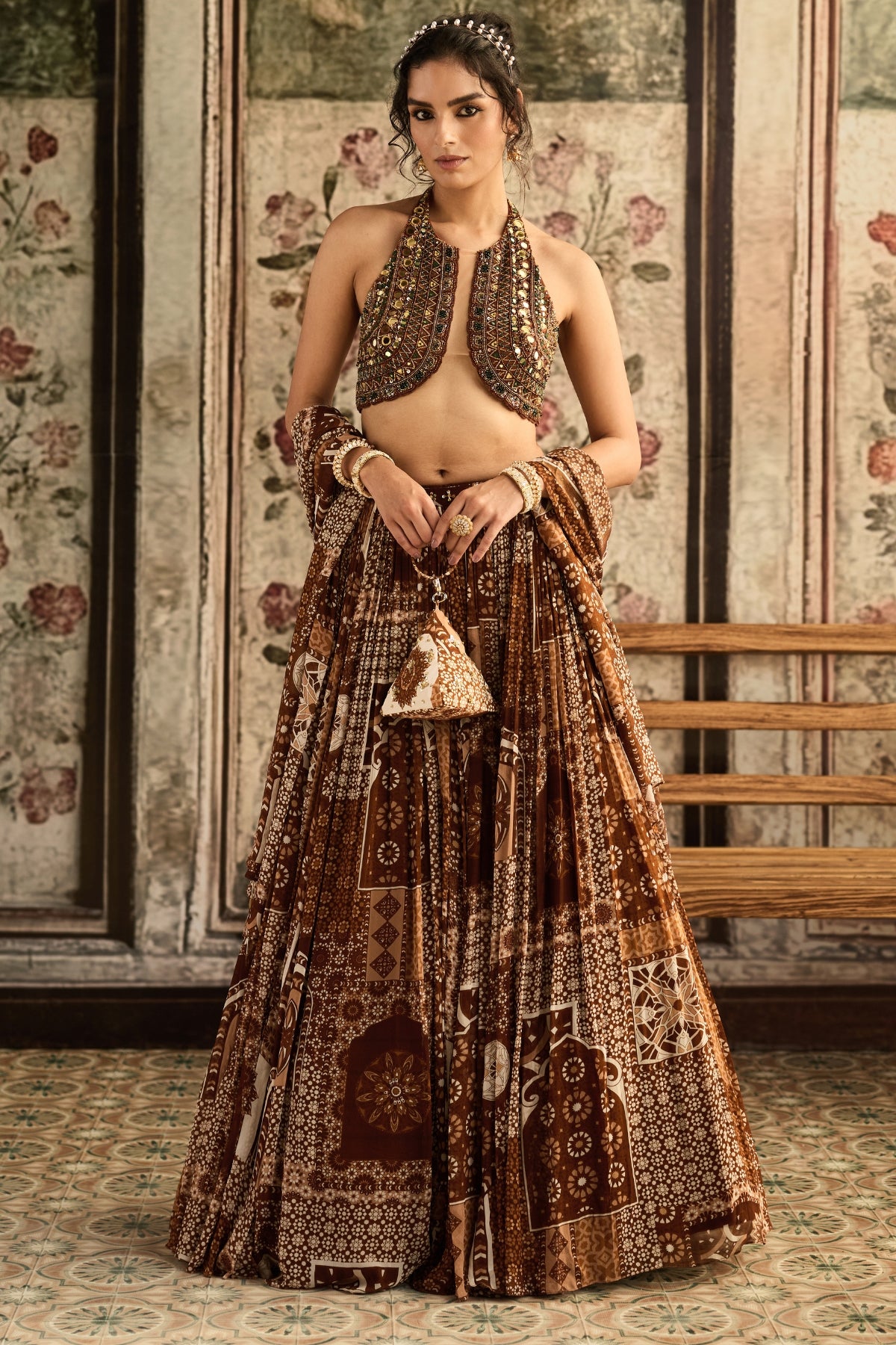 CARAMEL EMBROIDERED HALTER BLOUSE WITH PRINTED LEHENGA SET