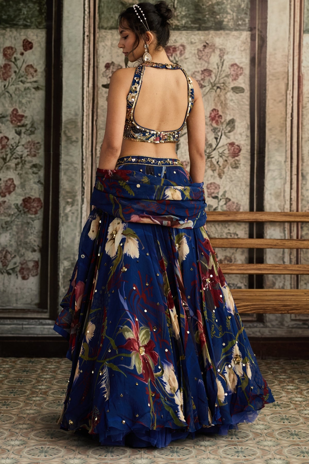 BLUE FLORAL PRINT AND HIGHLIGHTED LEHENGA SET
