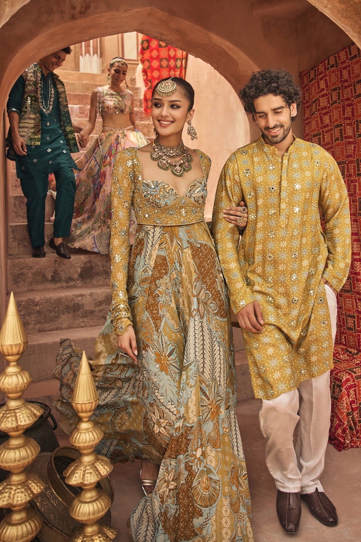 YELLOW FLORAL ANARKALI WITH EMBROIDERED SOLID DUPATTA SET