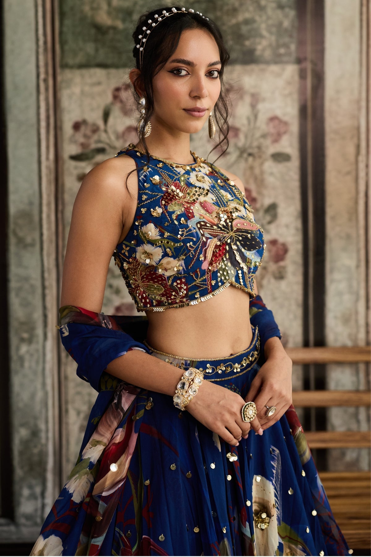 BLUE FLORAL PRINT AND HIGHLIGHTED LEHENGA SET