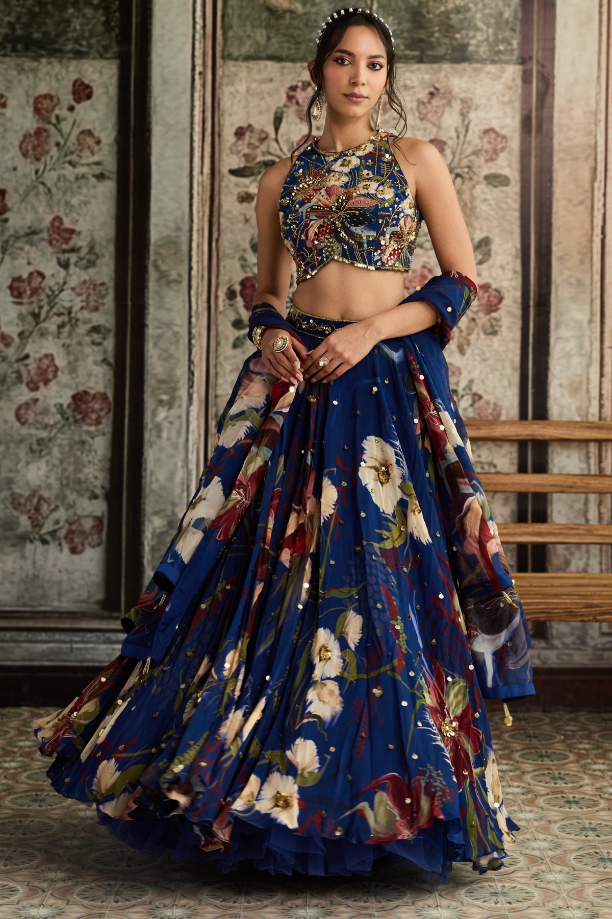 BLUE FLORAL PRINT AND HIGHLIGHTED LEHENGA SET