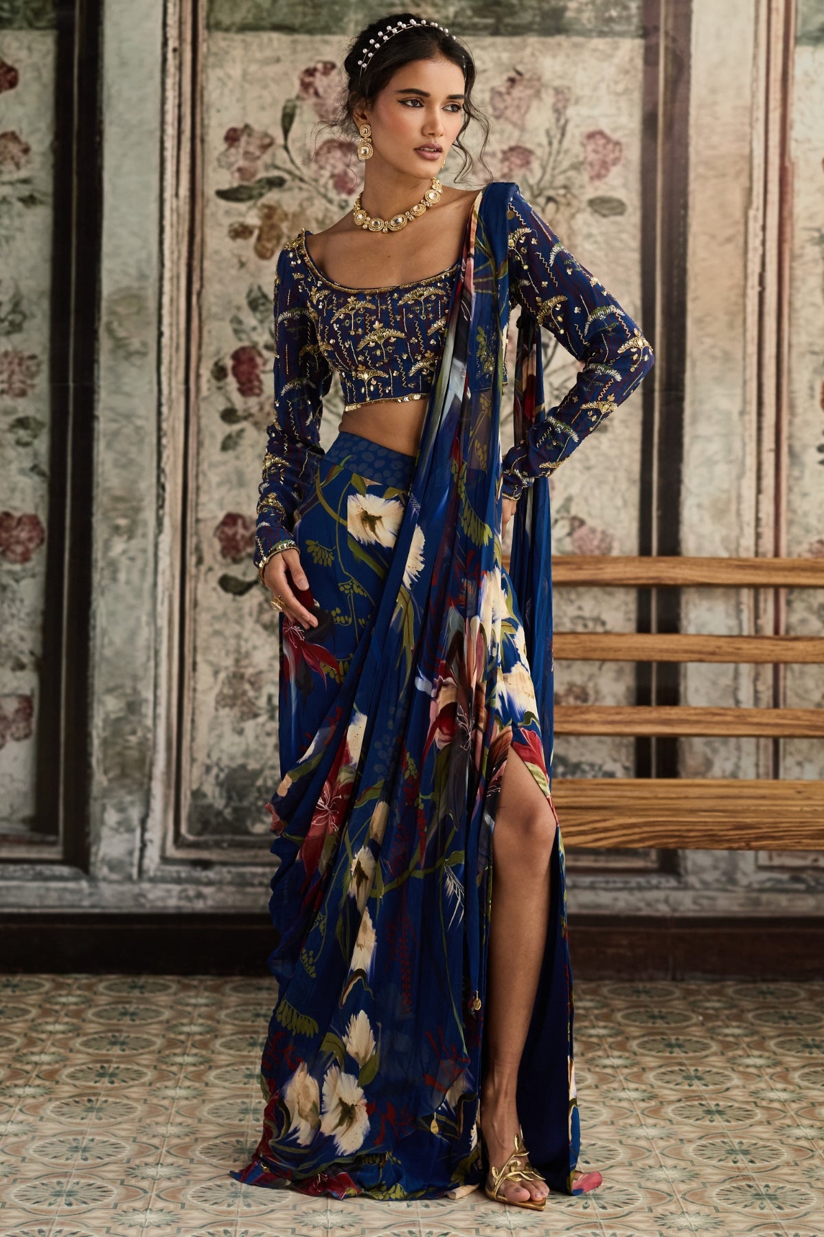 BLUE FLORAL PRINTED SKIRT SAREE SET